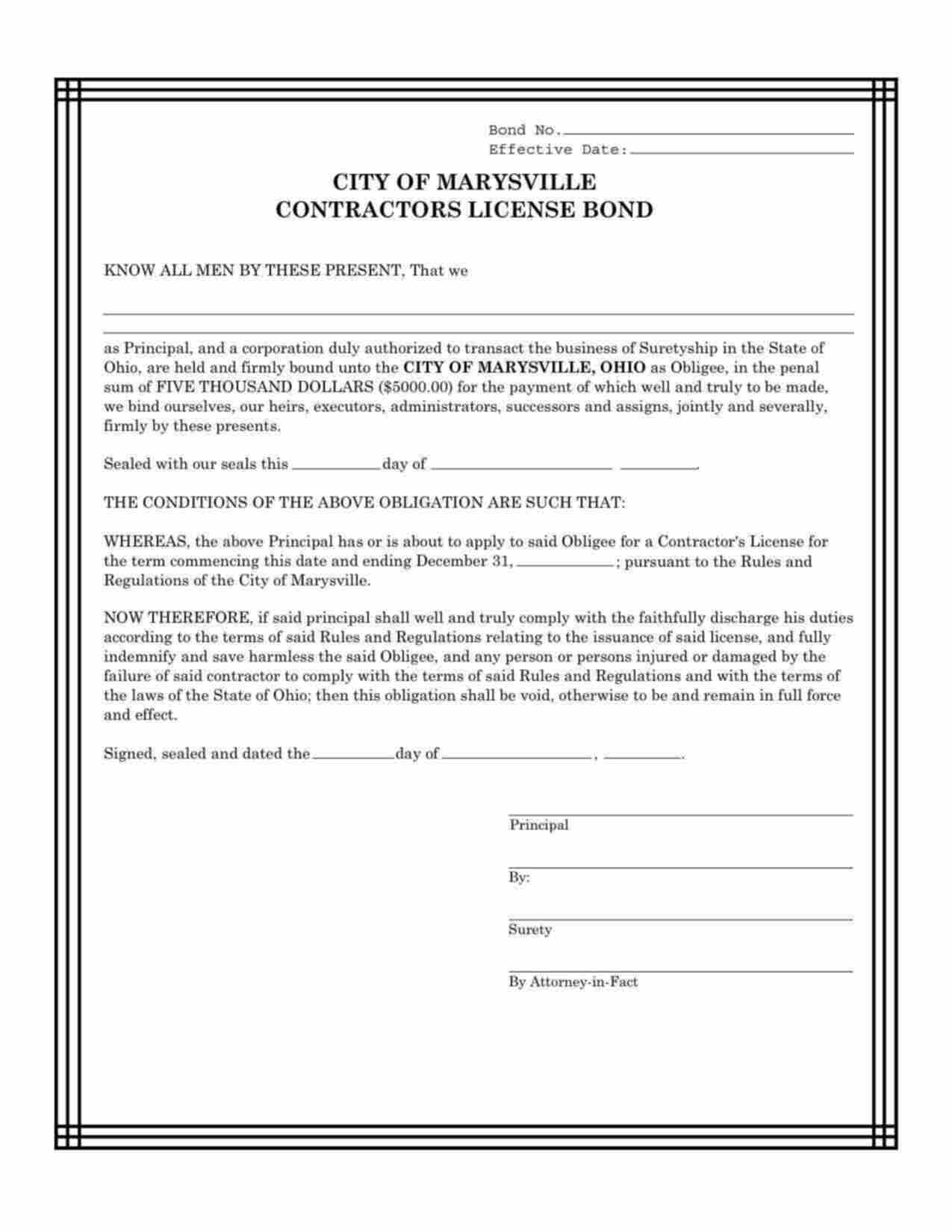 Ohio Contractor's License Bond Form