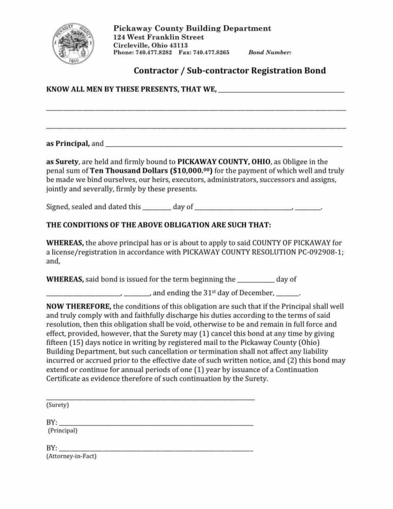 Ohio Contractor / Sub-contractor Registration Bond Form