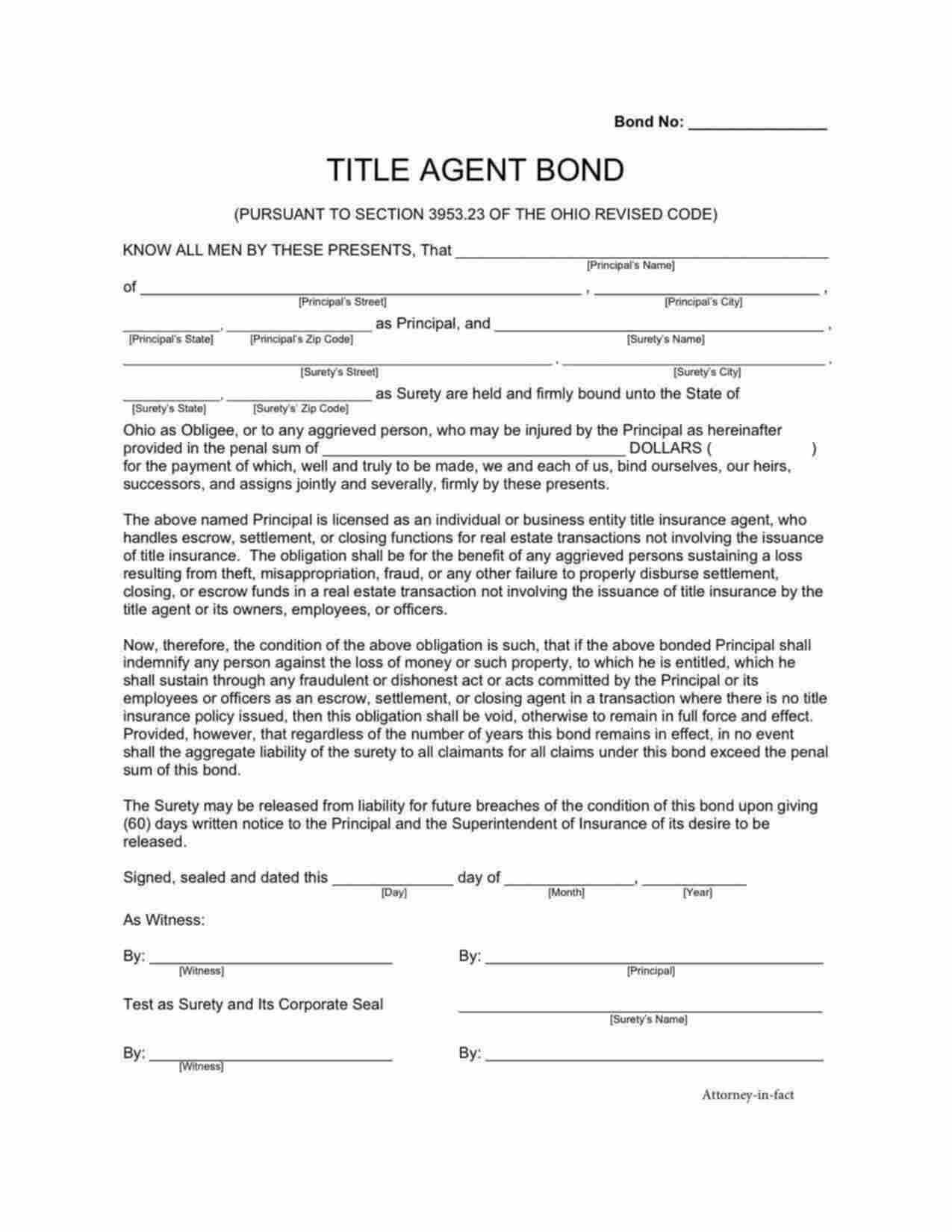 Ohio Title Agent Bond Form