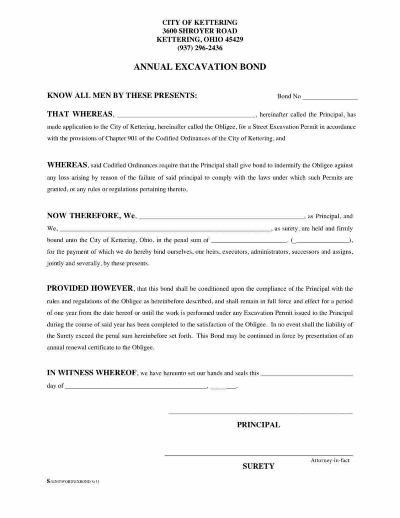 Ohio Annual Excavation Bond Form