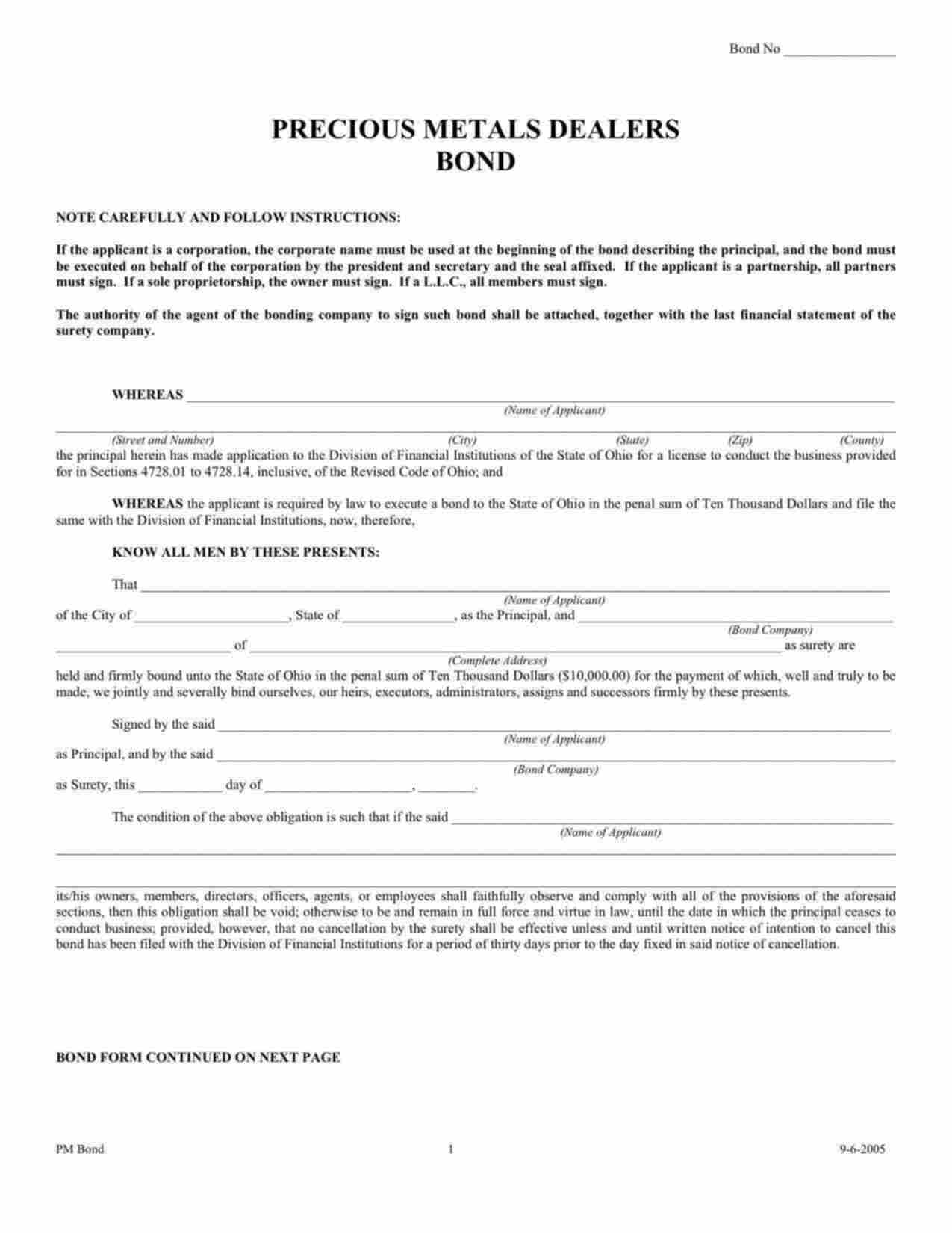 Ohio Precious Metals Dealer Bond Form