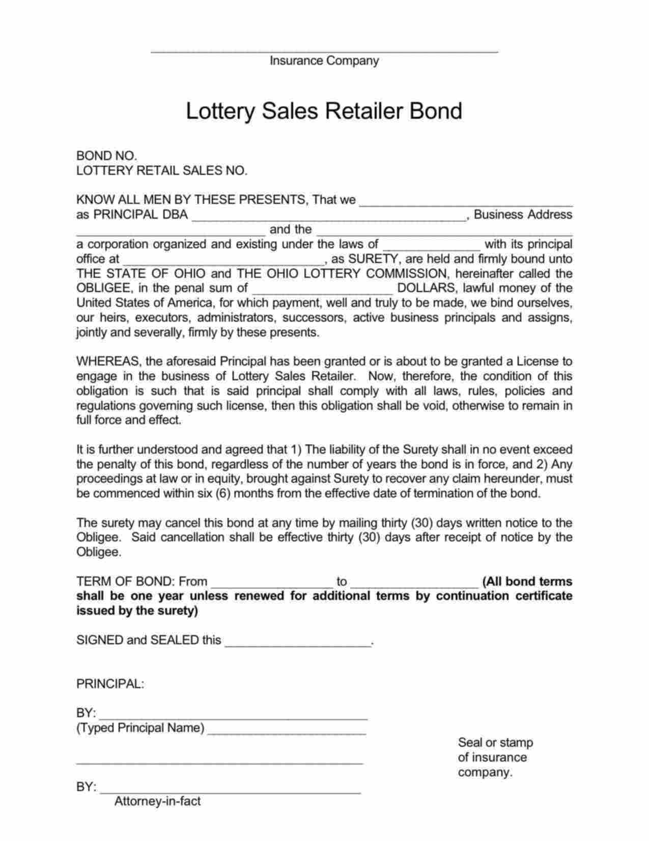 Ohio Lottery Sales Retailer Bond Form