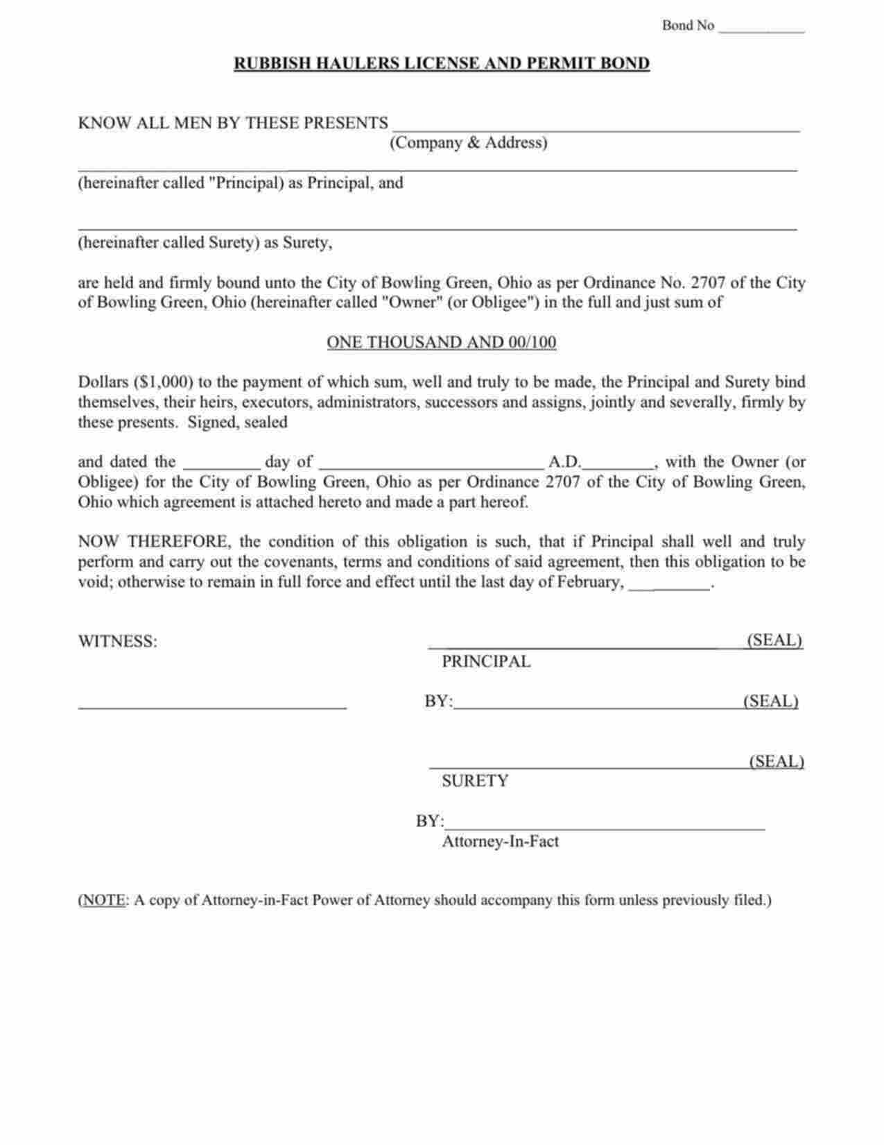 Ohio Rubbish Haulers License and Permit Bond Form