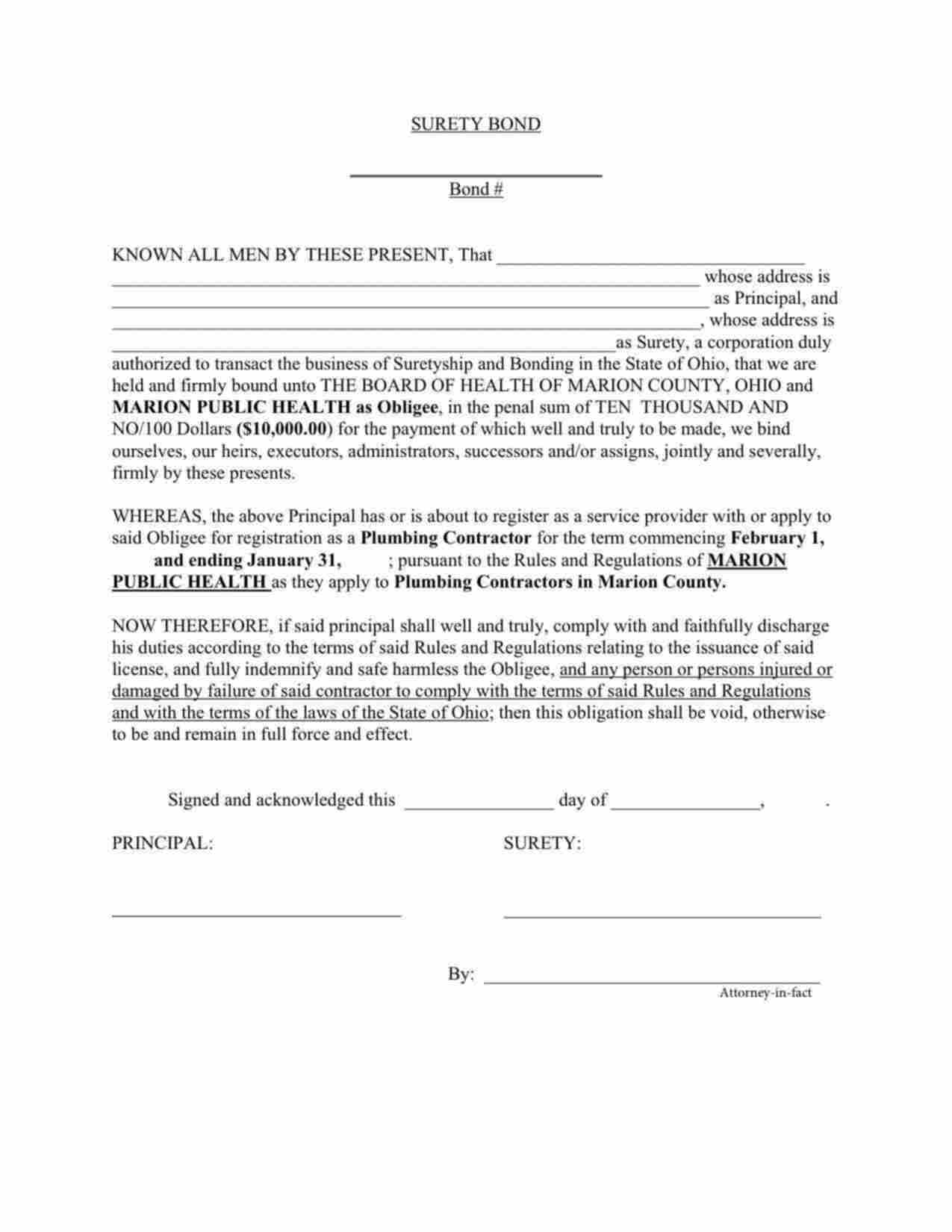 Ohio Plumbing Contractor Bond Form