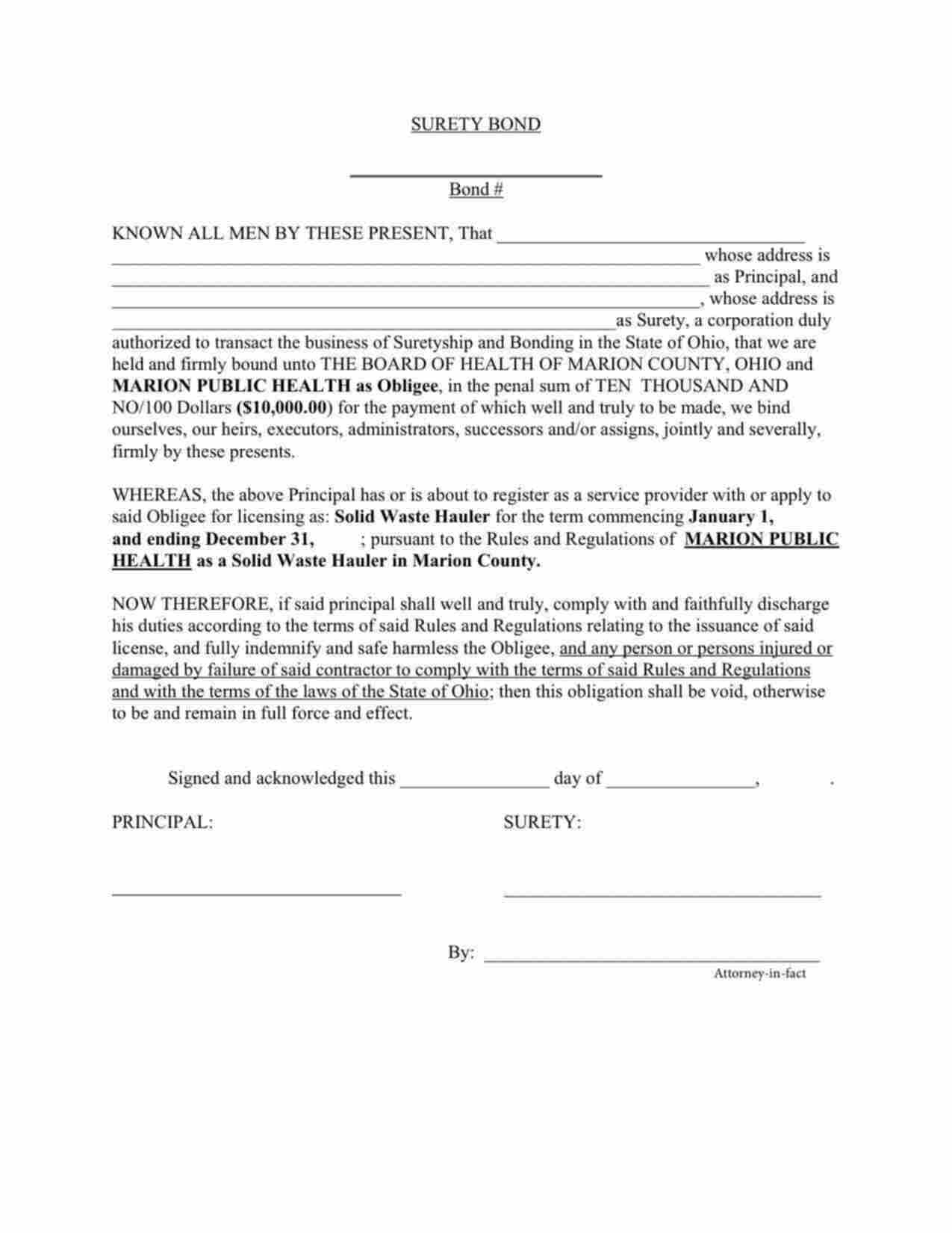 Ohio Solid Waste Hauler Bond Form