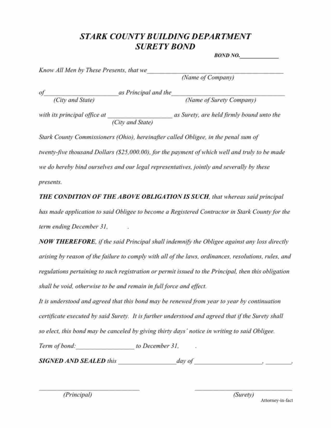 Ohio Registered Contractor Bond Form