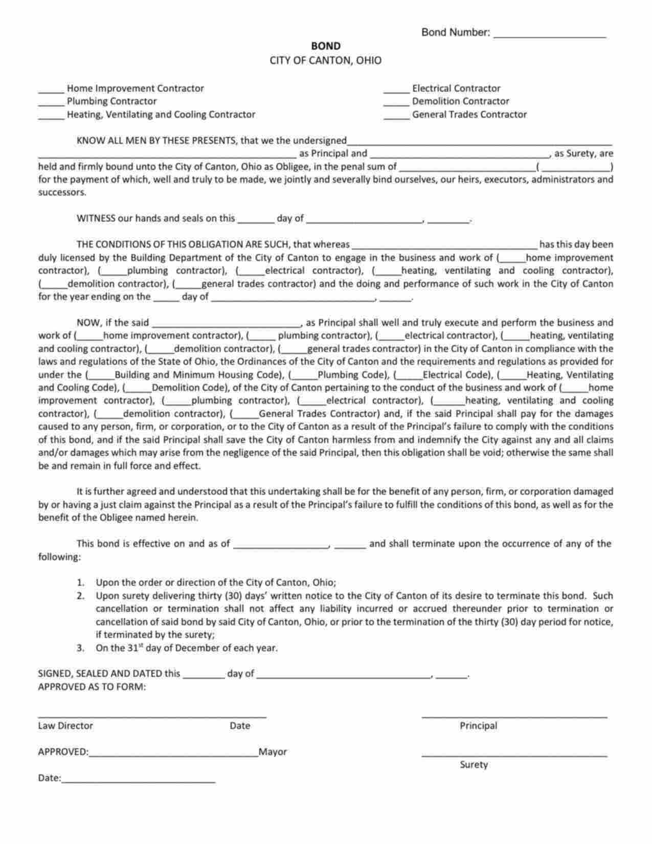 Ohio Heating, Ventilating and Cooling (HVAC) Contractor Bond Form