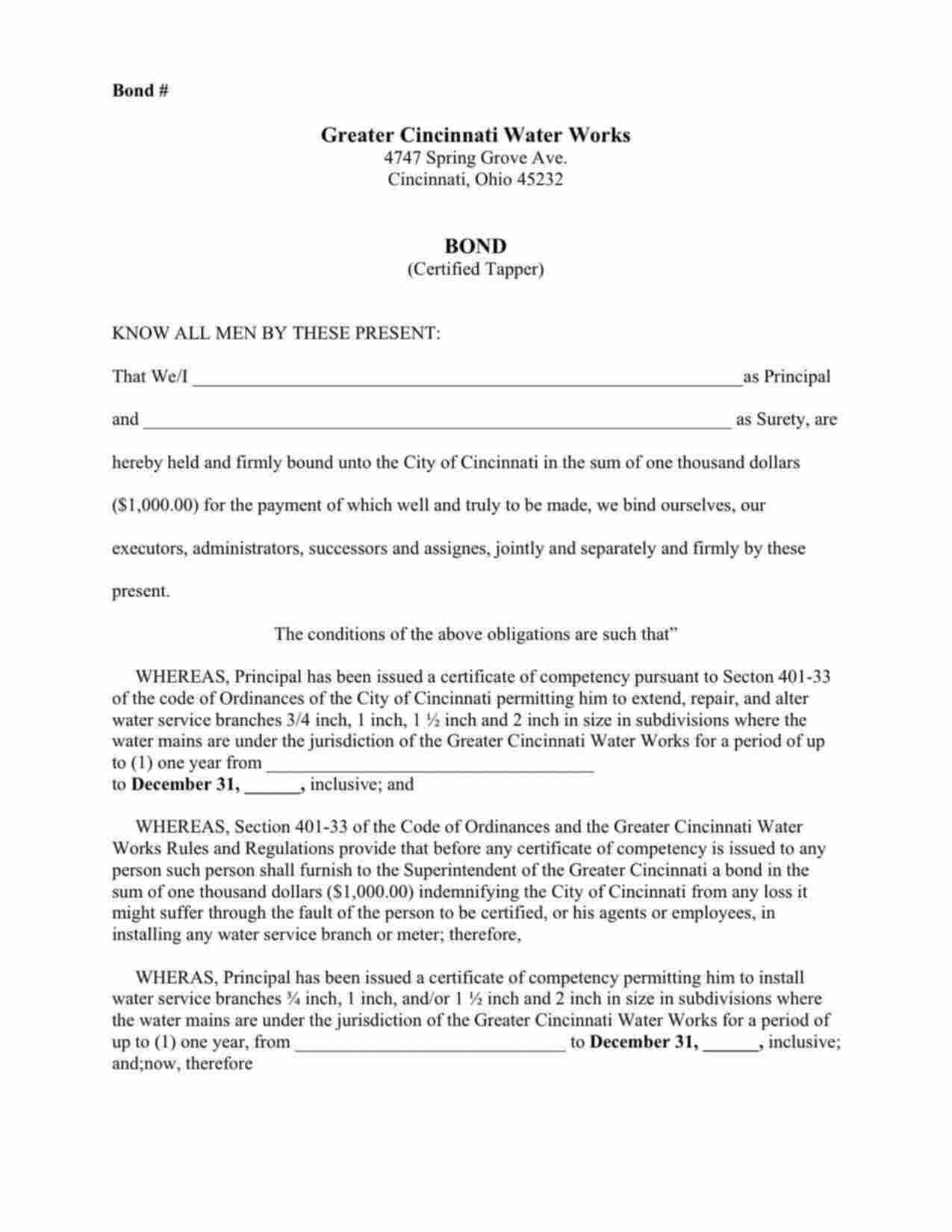 Ohio Certified Tapper (Water Works) Bond Form