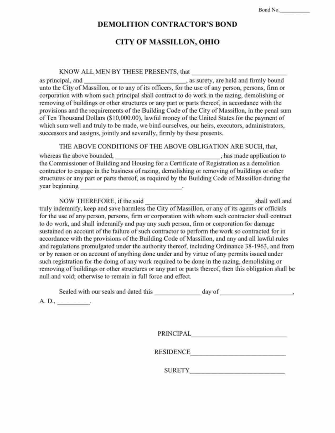 Ohio Demolition Contractor Bond Form