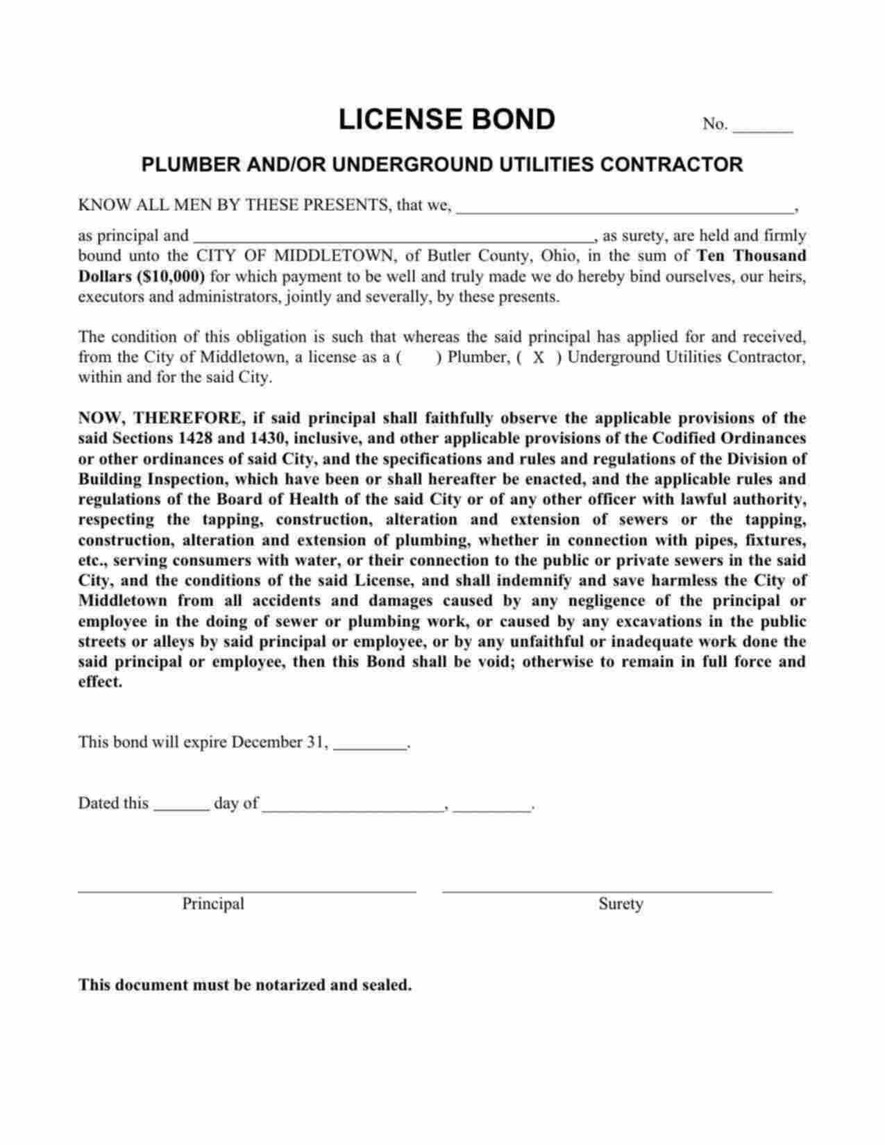 Ohio Underground Utilities Contractor Bond Form