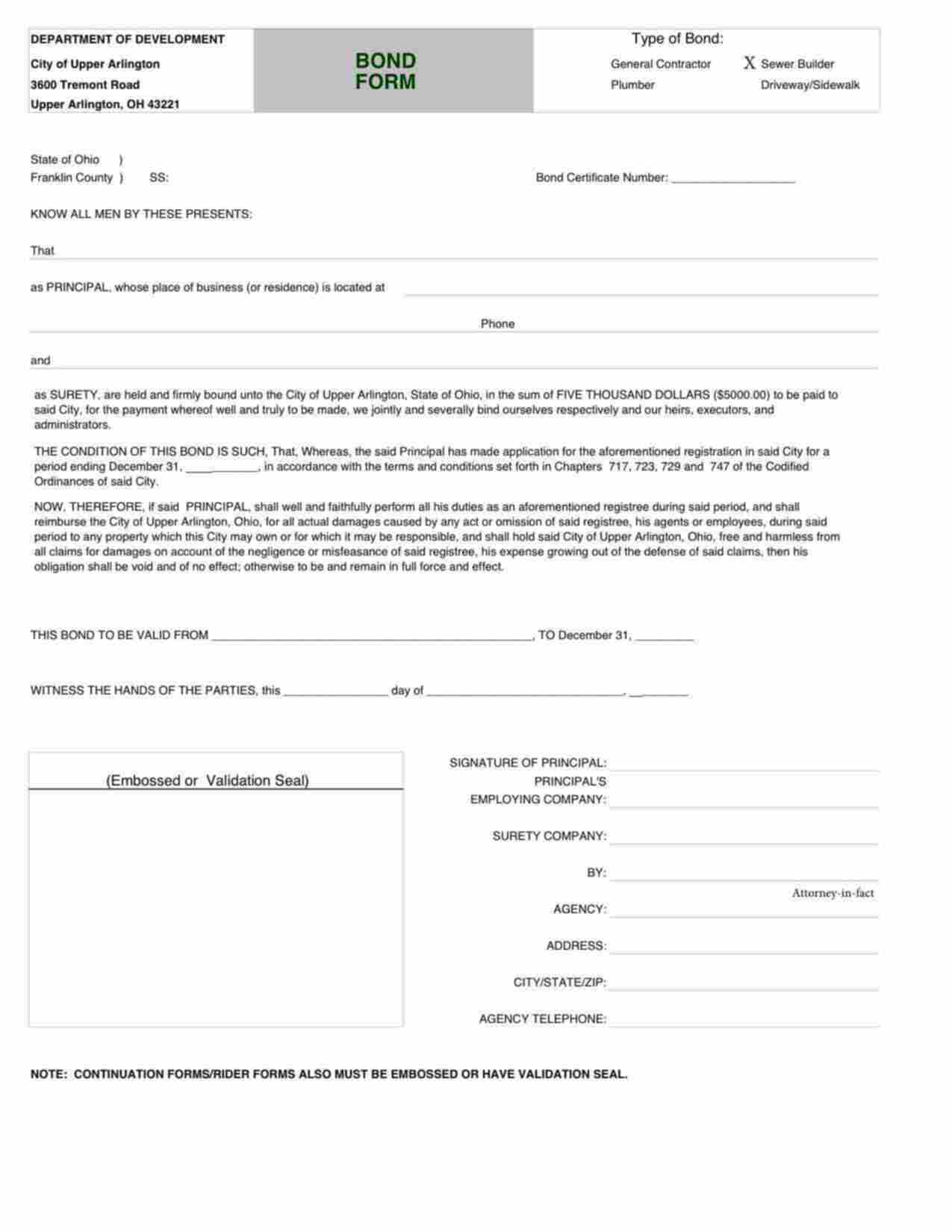 Ohio Sewer Builder Bond Form