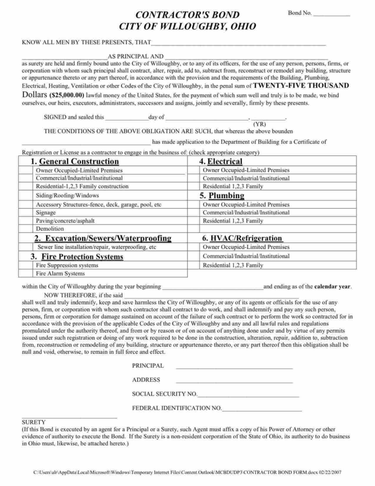 Ohio Excavation/Sewers/Waterproofing Bond Form