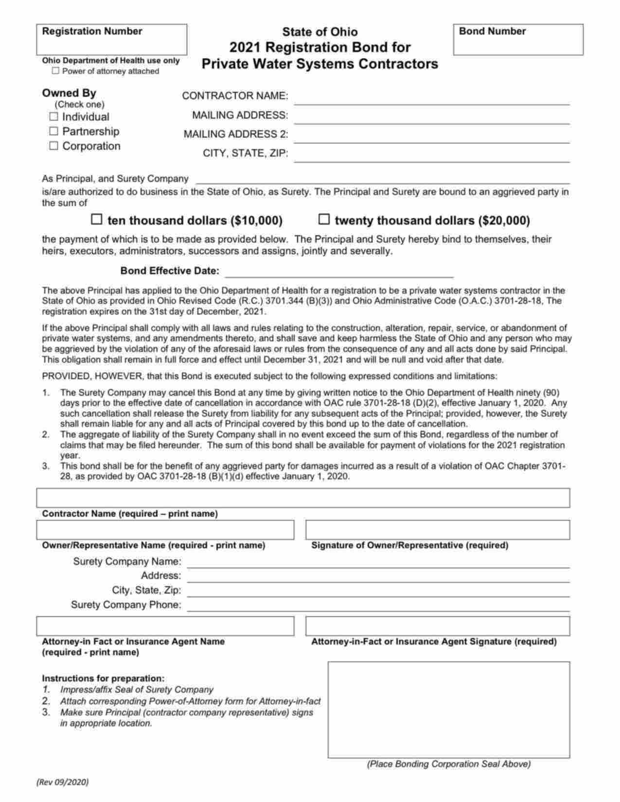 Ohio Private Water Systems Contractor - Individual Bond Form