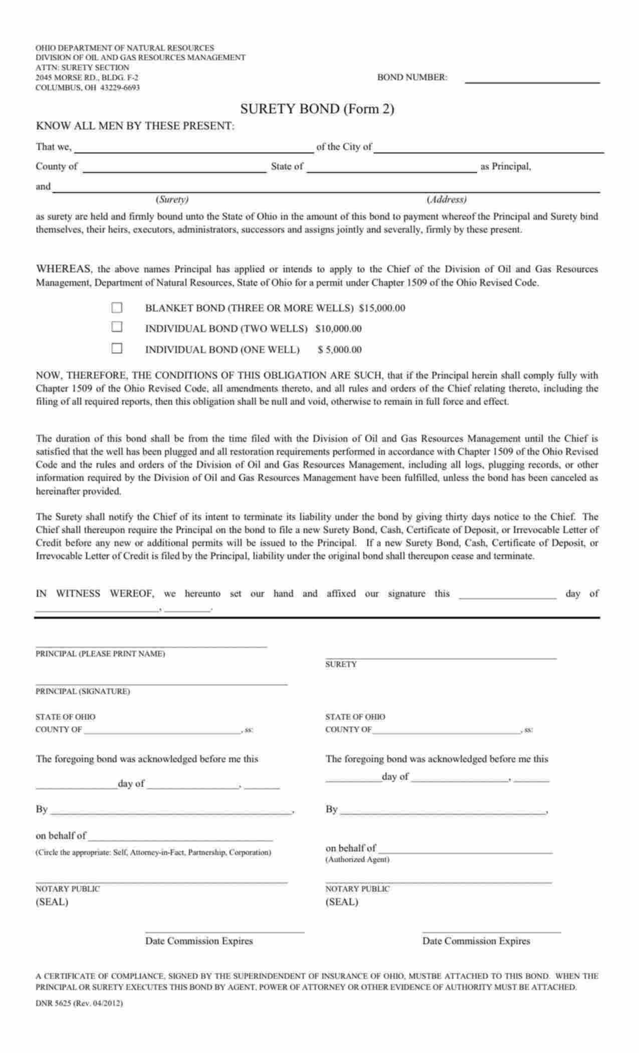 Ohio Well Drilling - 1 Well Bond Form