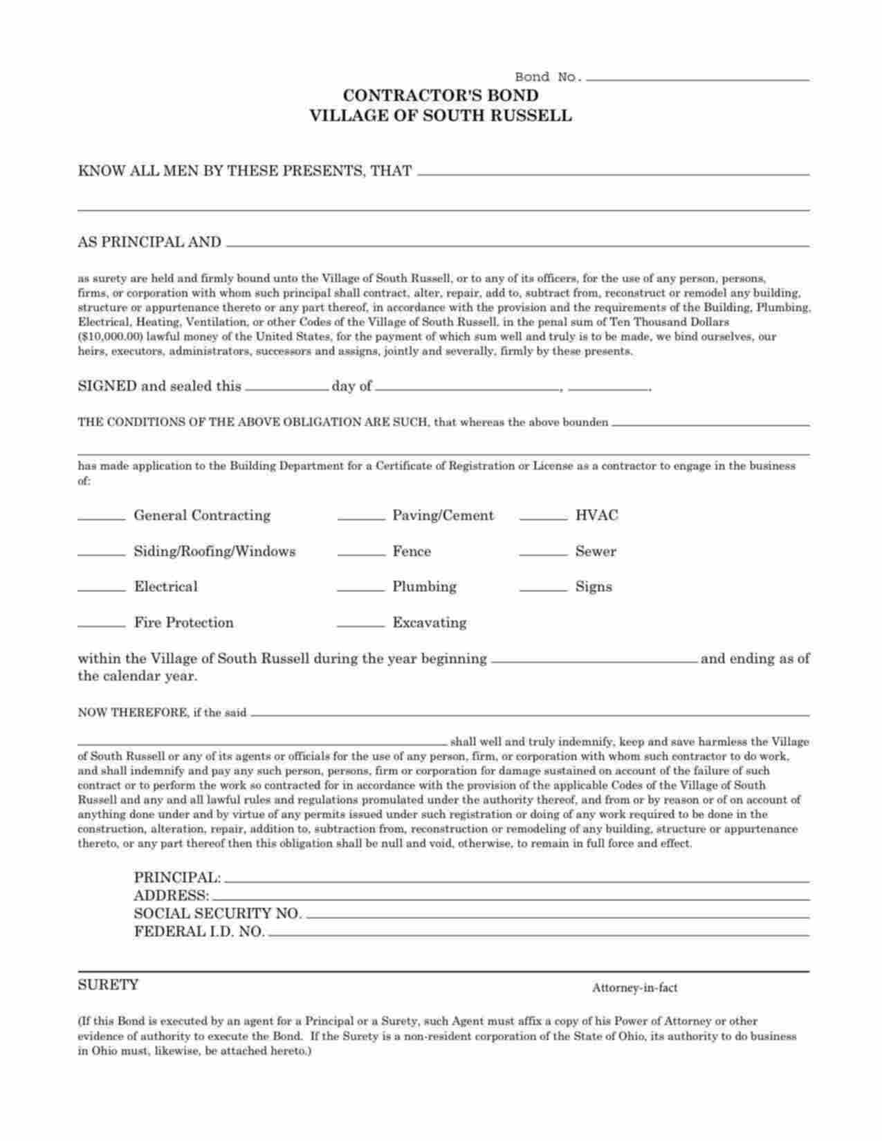 Ohio Excavating Bond Form