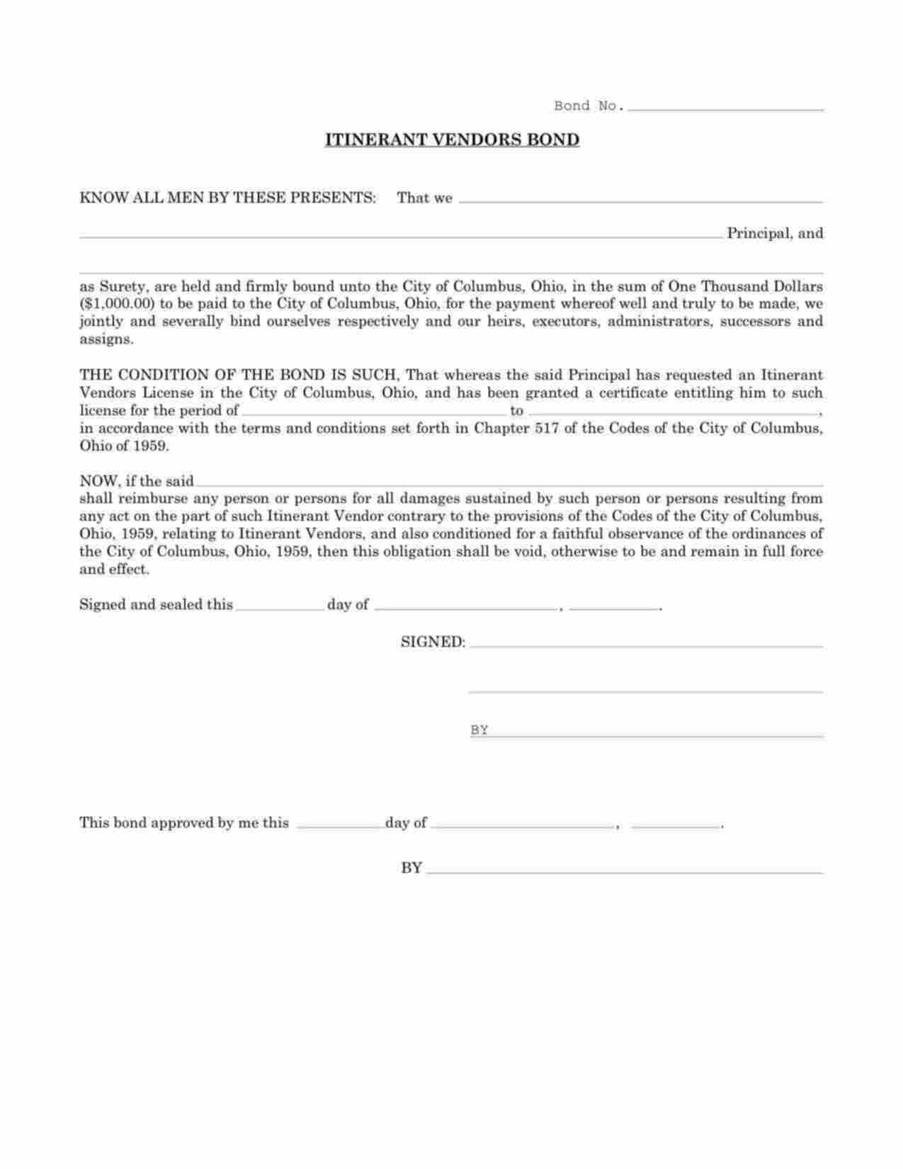 Ohio Itinerant Vendors Bond Form