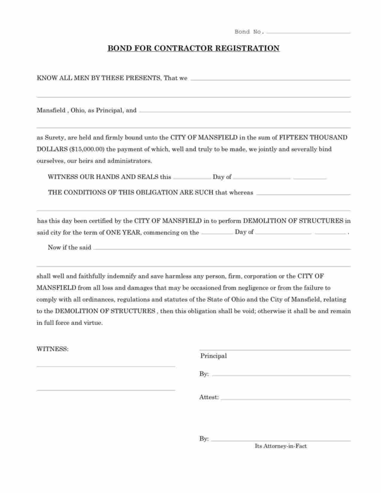 Ohio Demolition Contractor Registration Bond Form