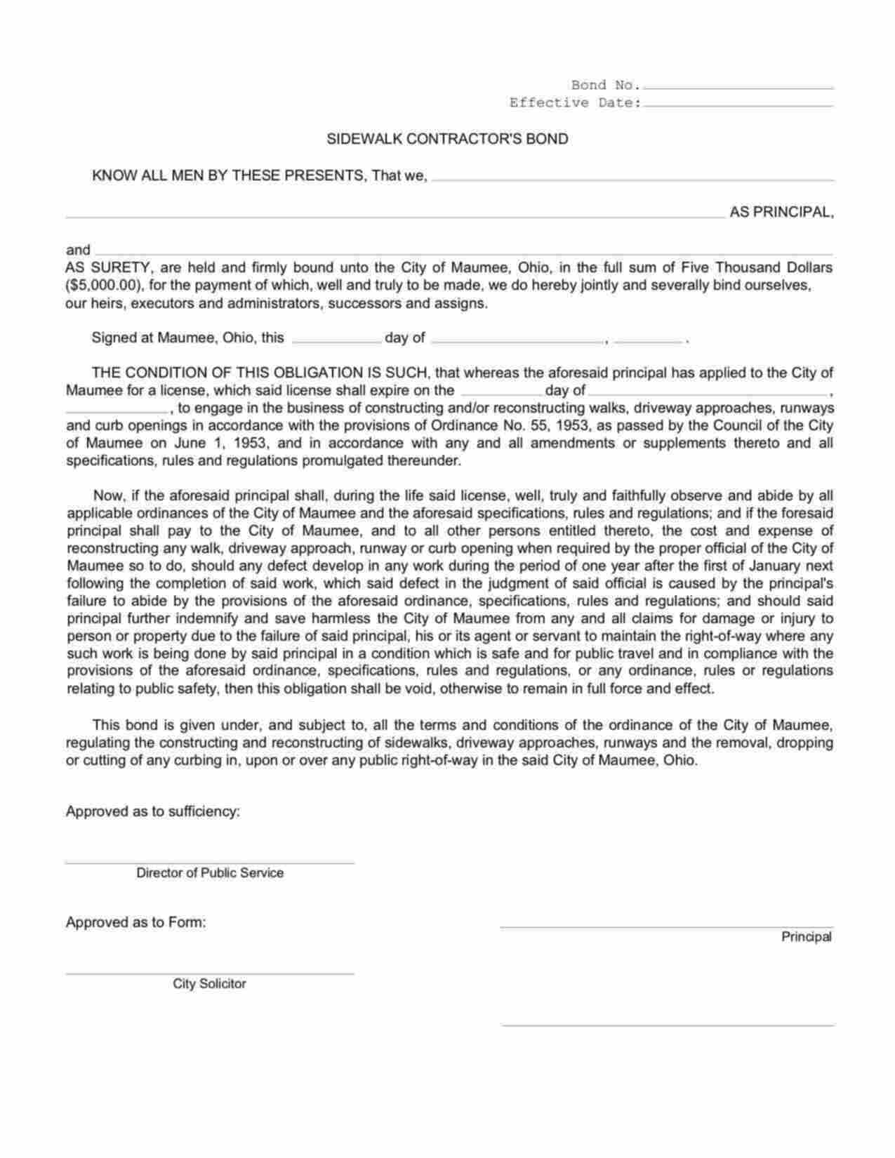 Ohio Sidewalk Contractor Bond Form