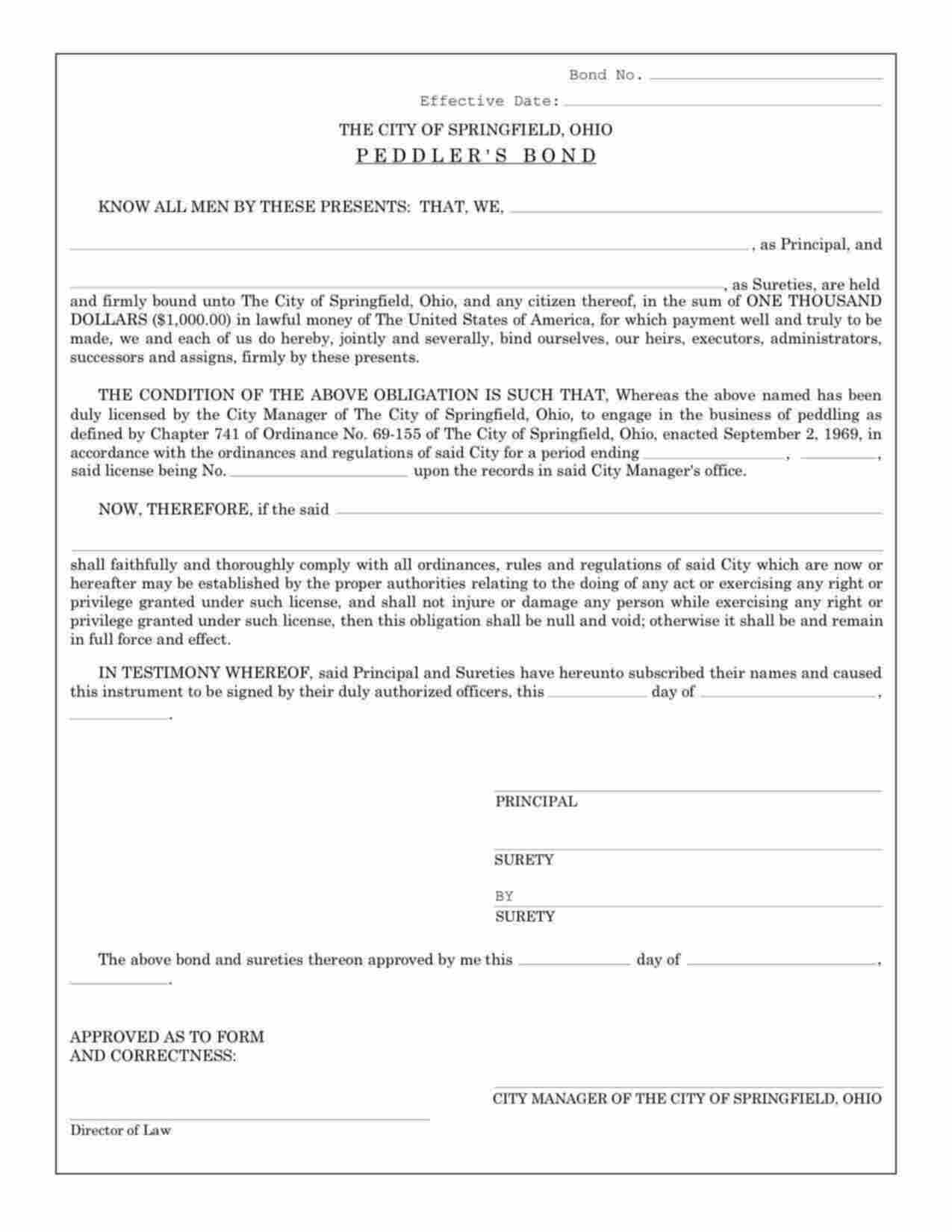 Ohio Peddler Bond Form