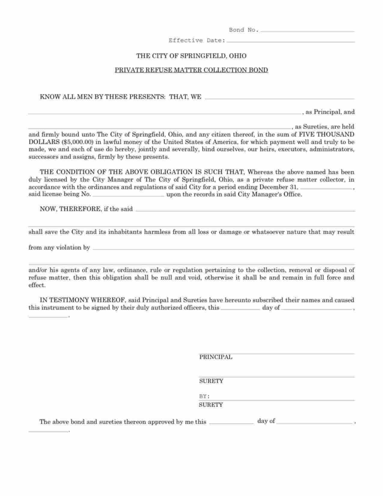 Ohio Private Refuse Collector Bond Form