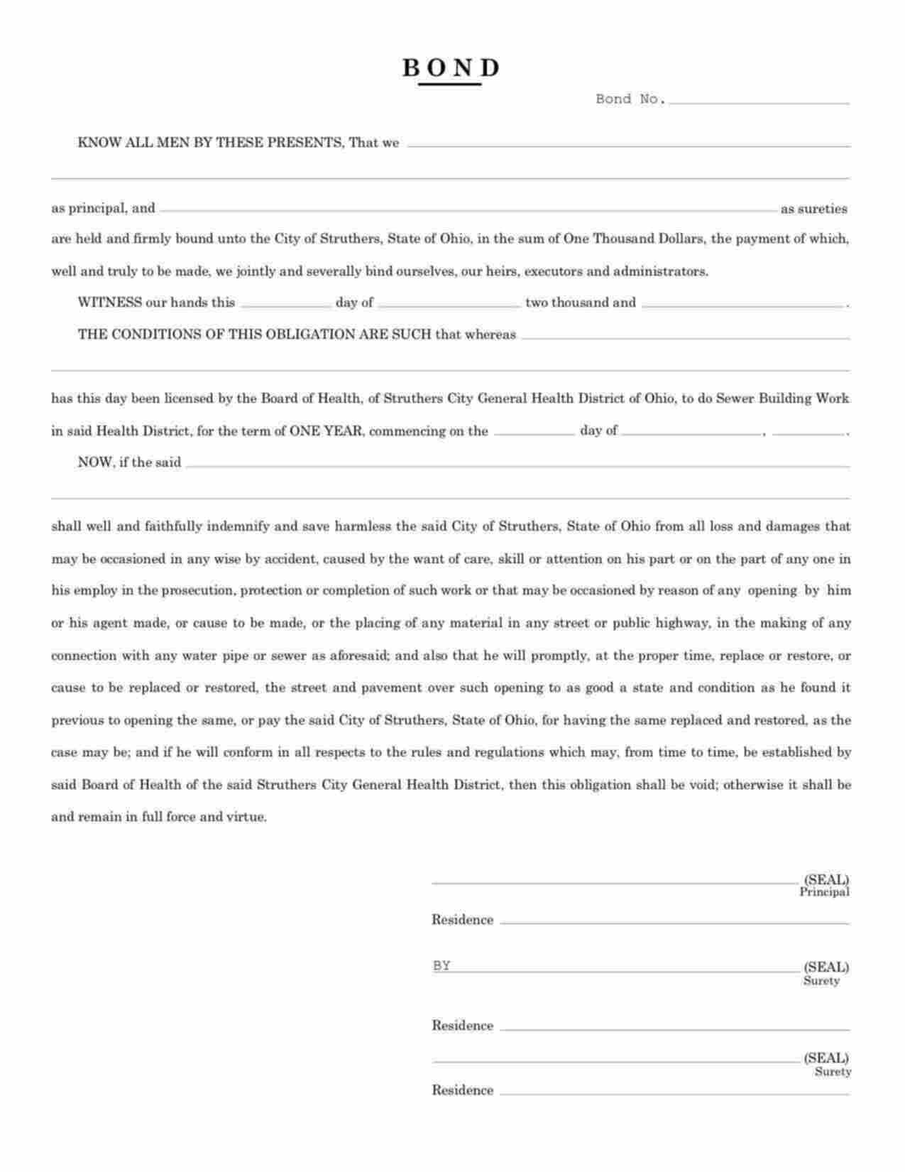 Ohio Plumbing or Sewer Builder Bond Form