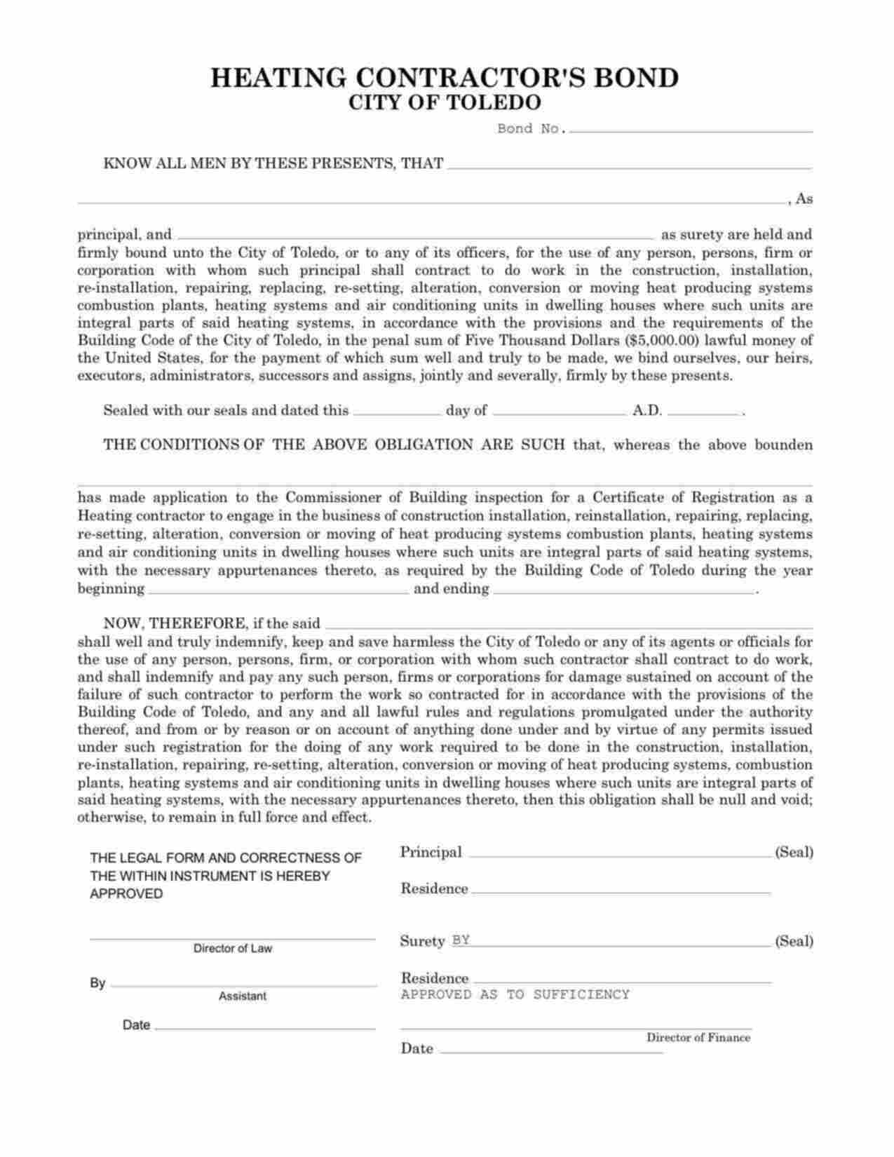 Ohio Heating Contractor Bond Form