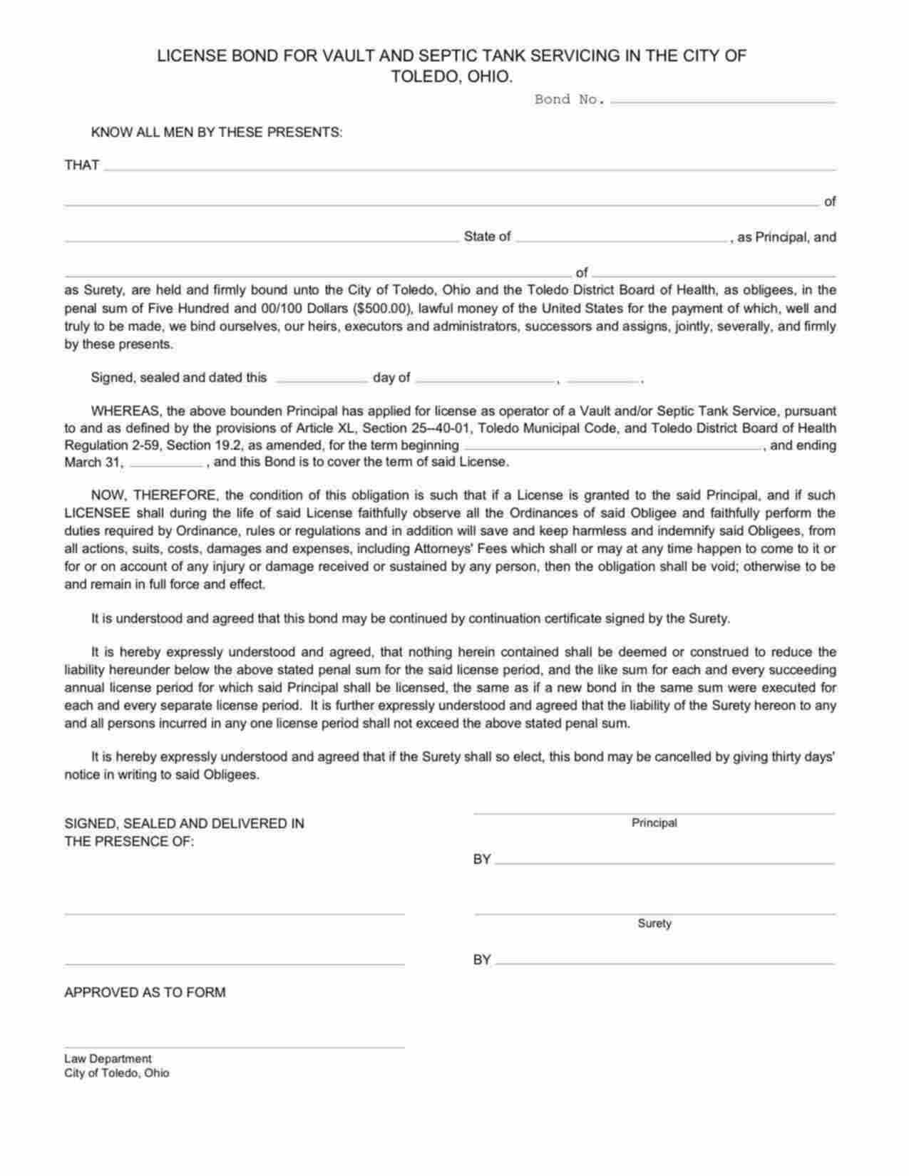 Ohio Vault and Septic Tank Servicing Bond Form