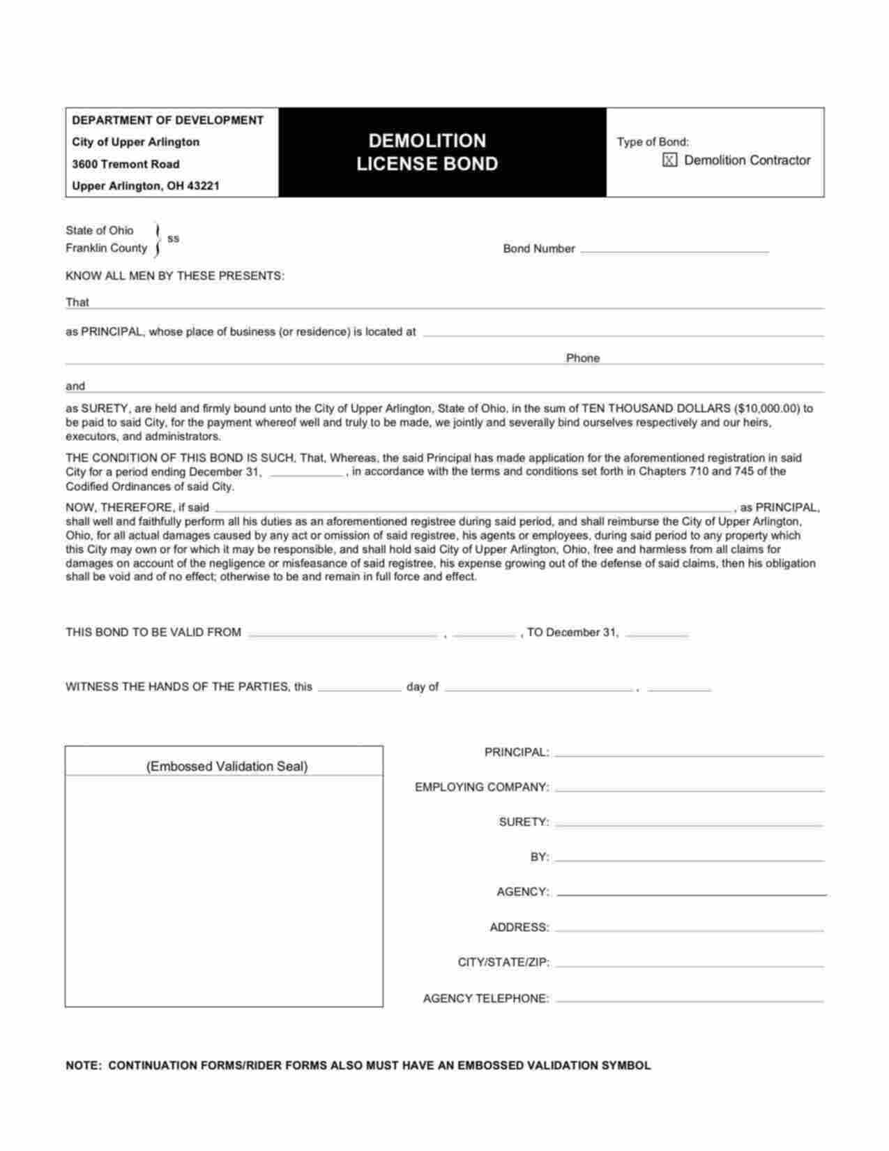 Ohio Demolition License Bond Form