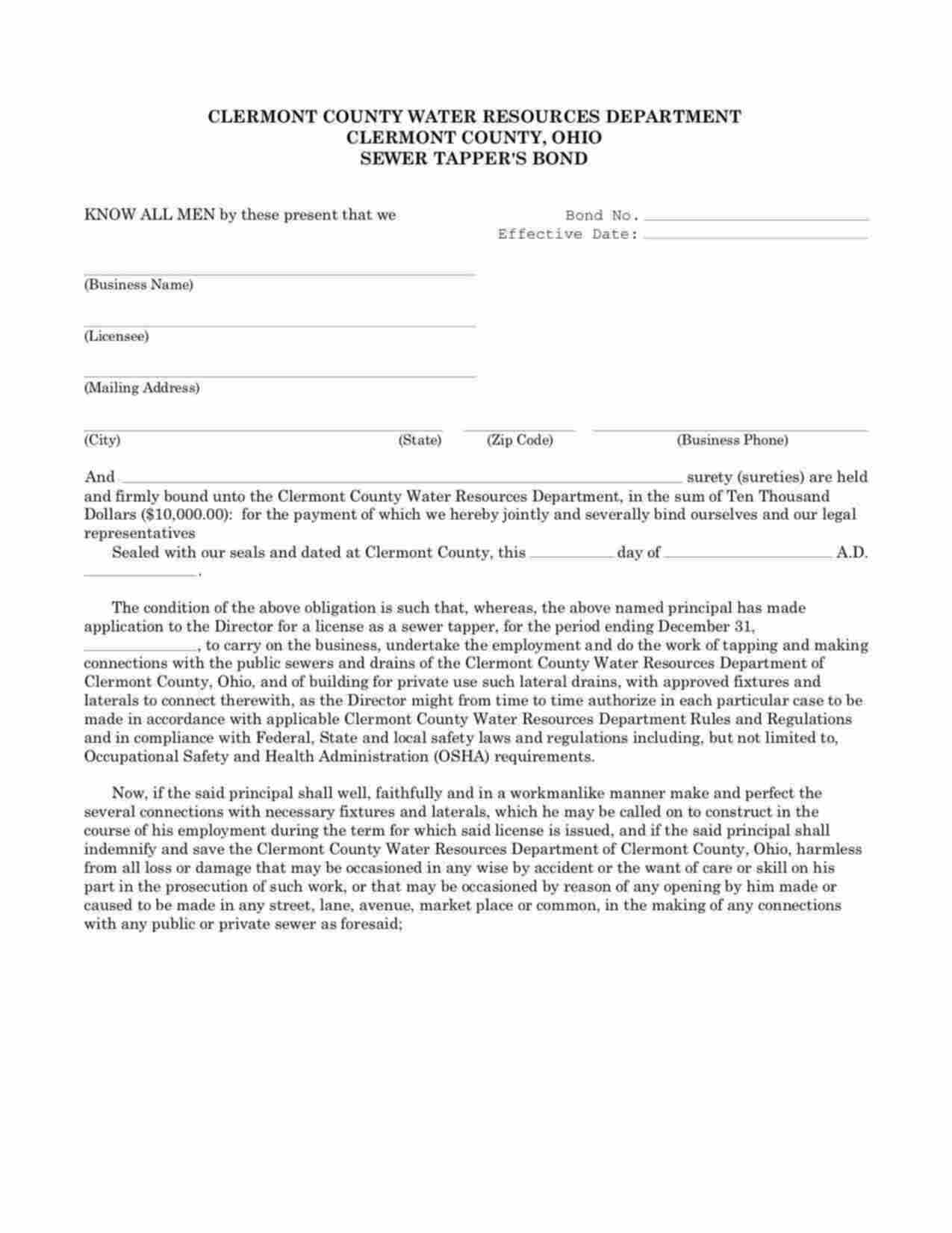 Ohio Sewer Tapper (Water Resources Dept) Bond Form