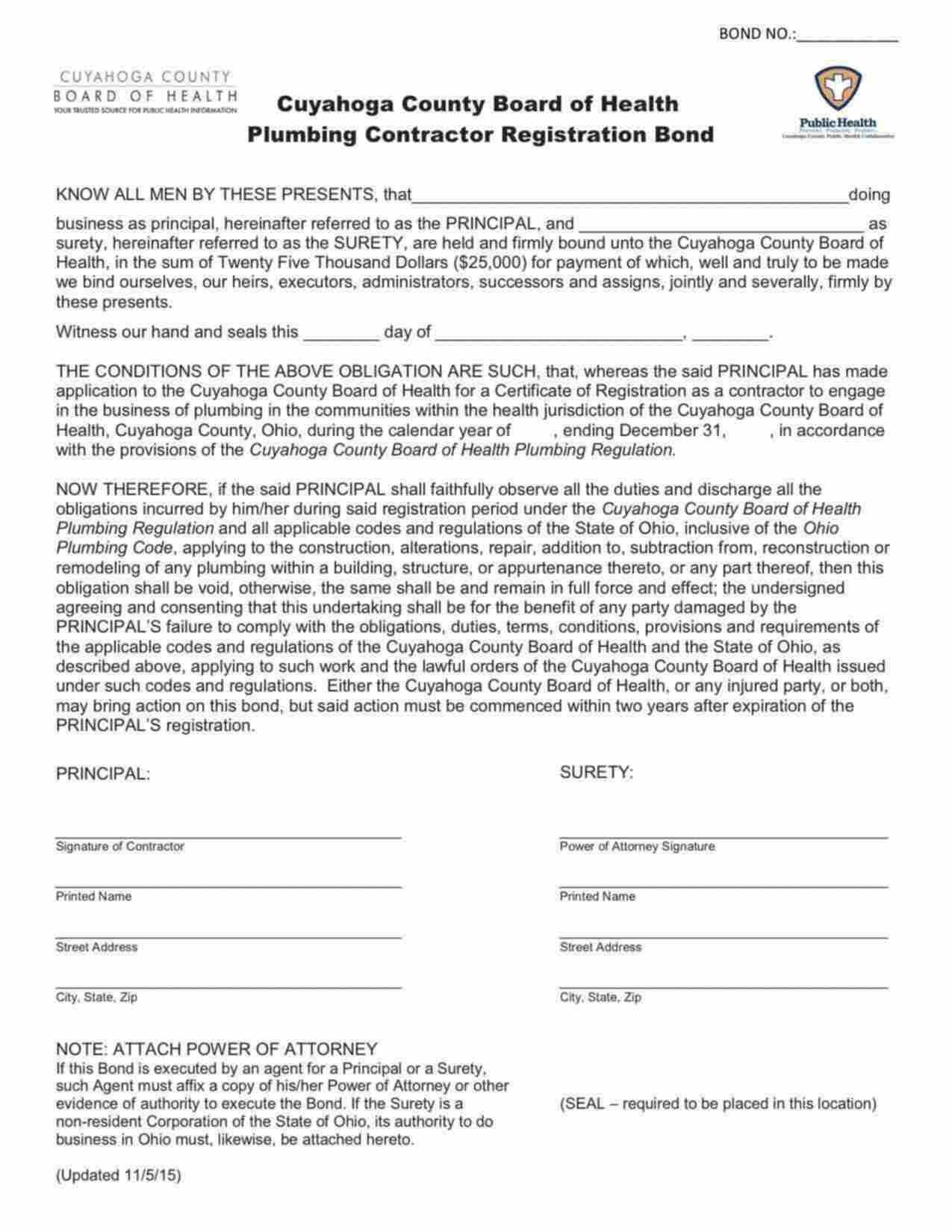 Ohio Plumbing Contractor Bond Form