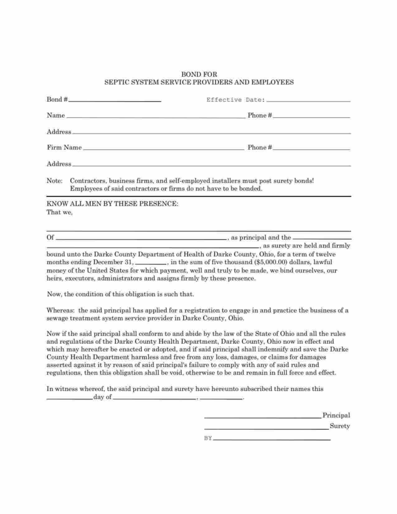 Ohio Septic System Service Providers and Employees Bond Form