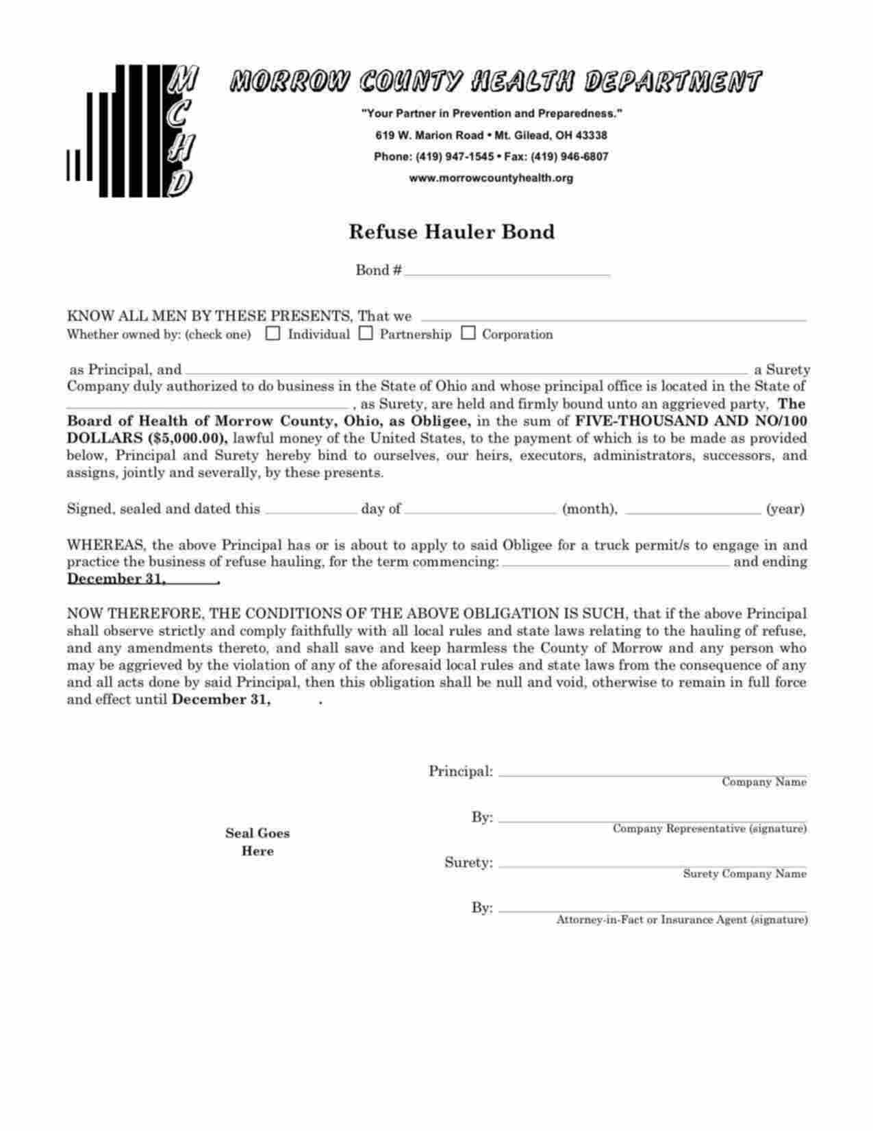 Ohio Refuse Hauler Bond Form