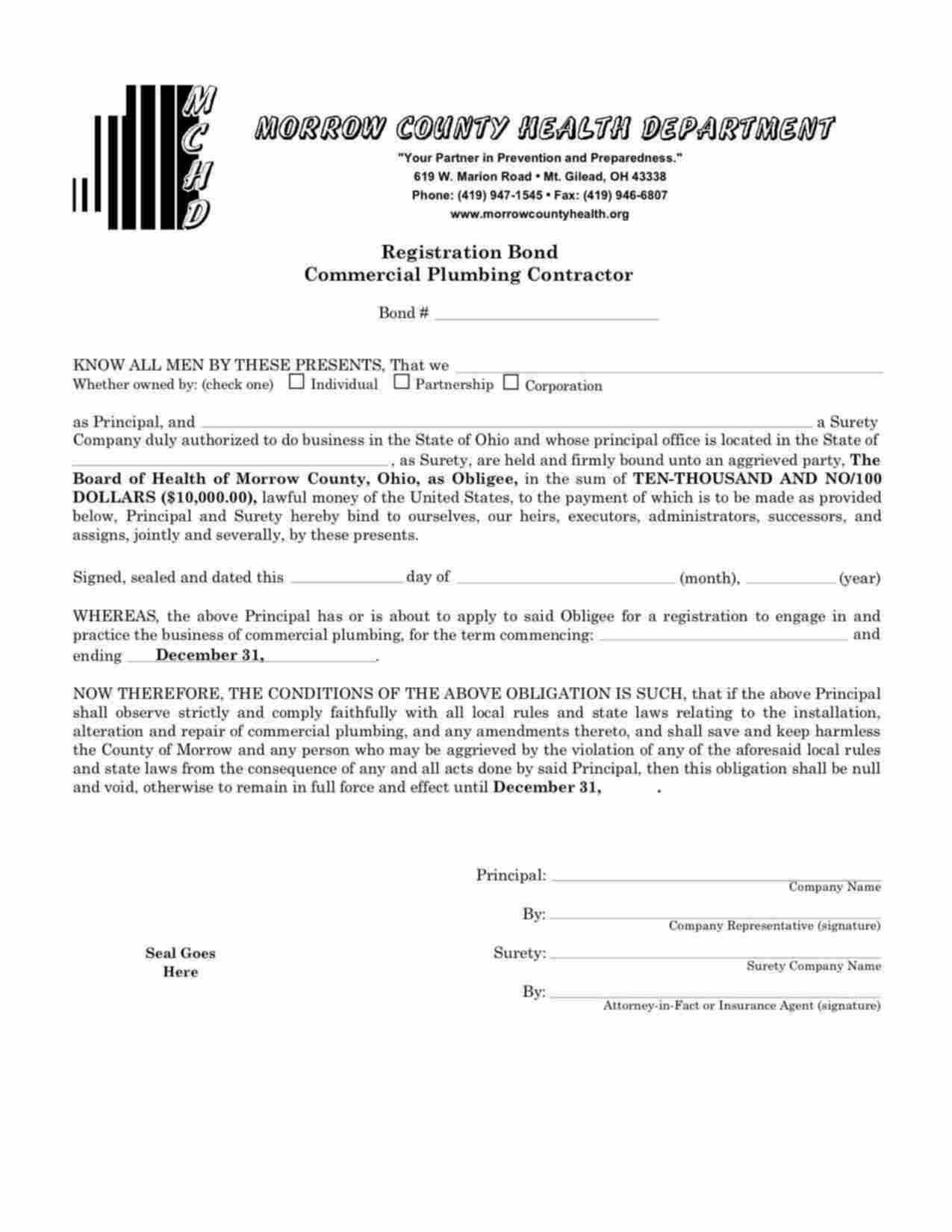 Ohio Commercial Plumbing Contractor - Individual Bond Form