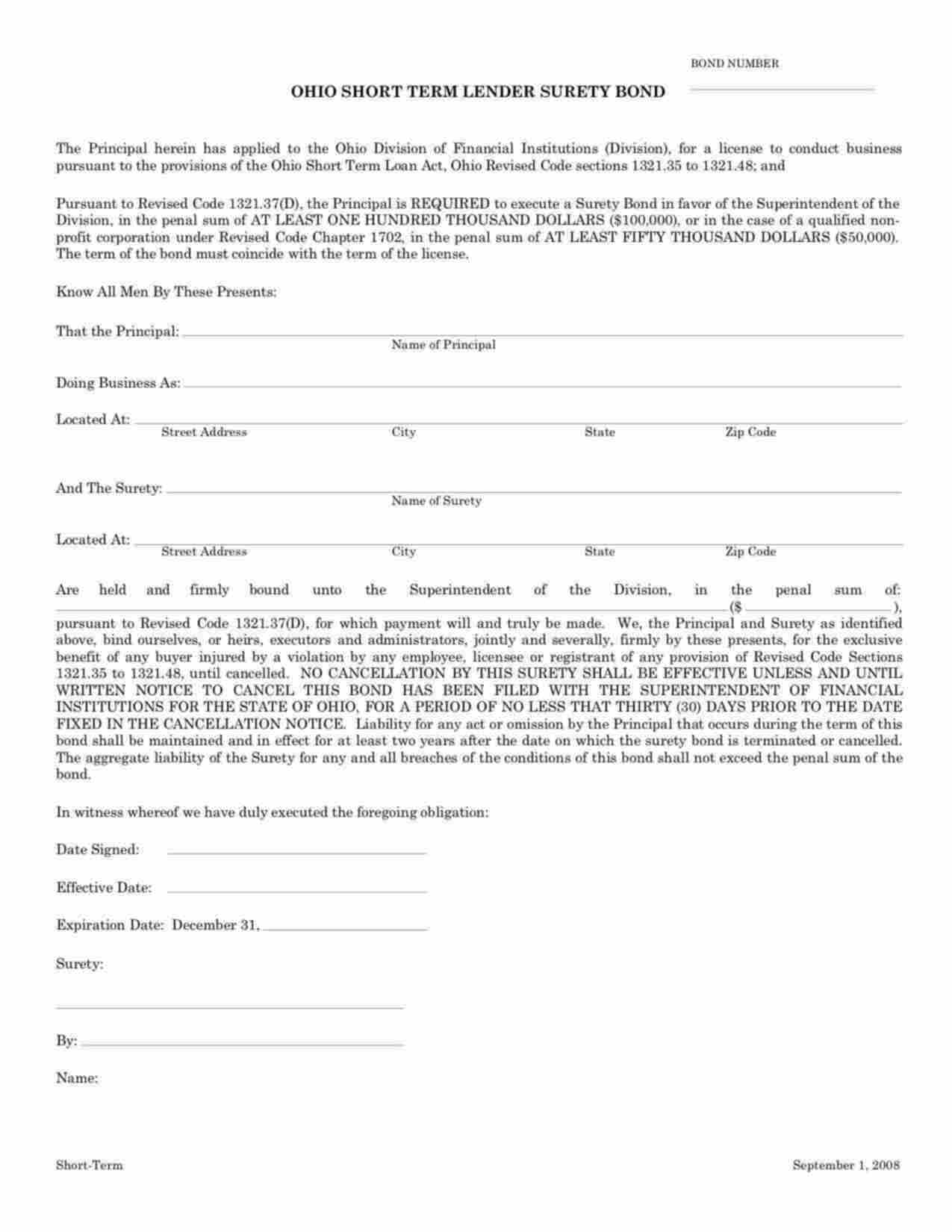 Ohio Short-Term Lender License Bond Form