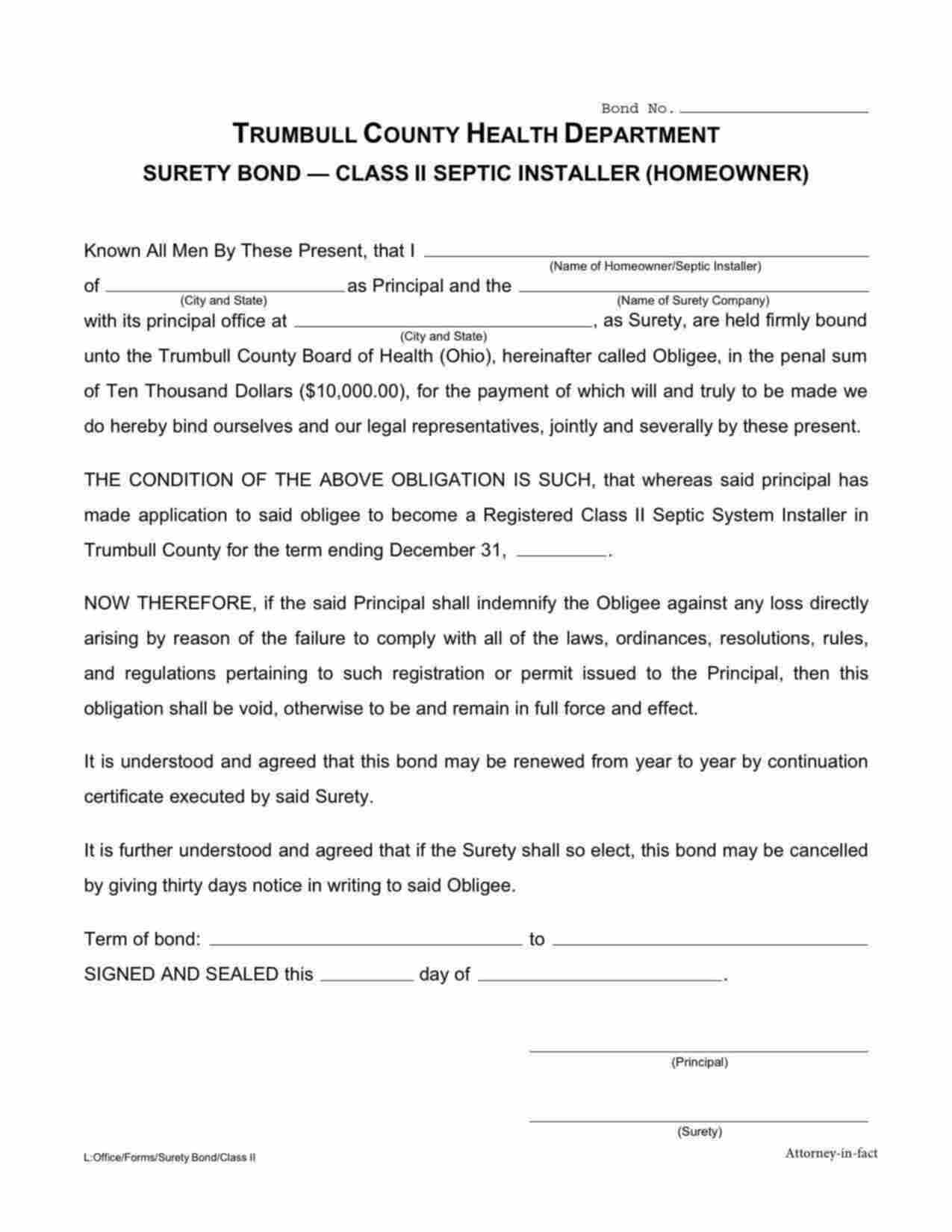 Ohio Septic: Class 2 Bond Form