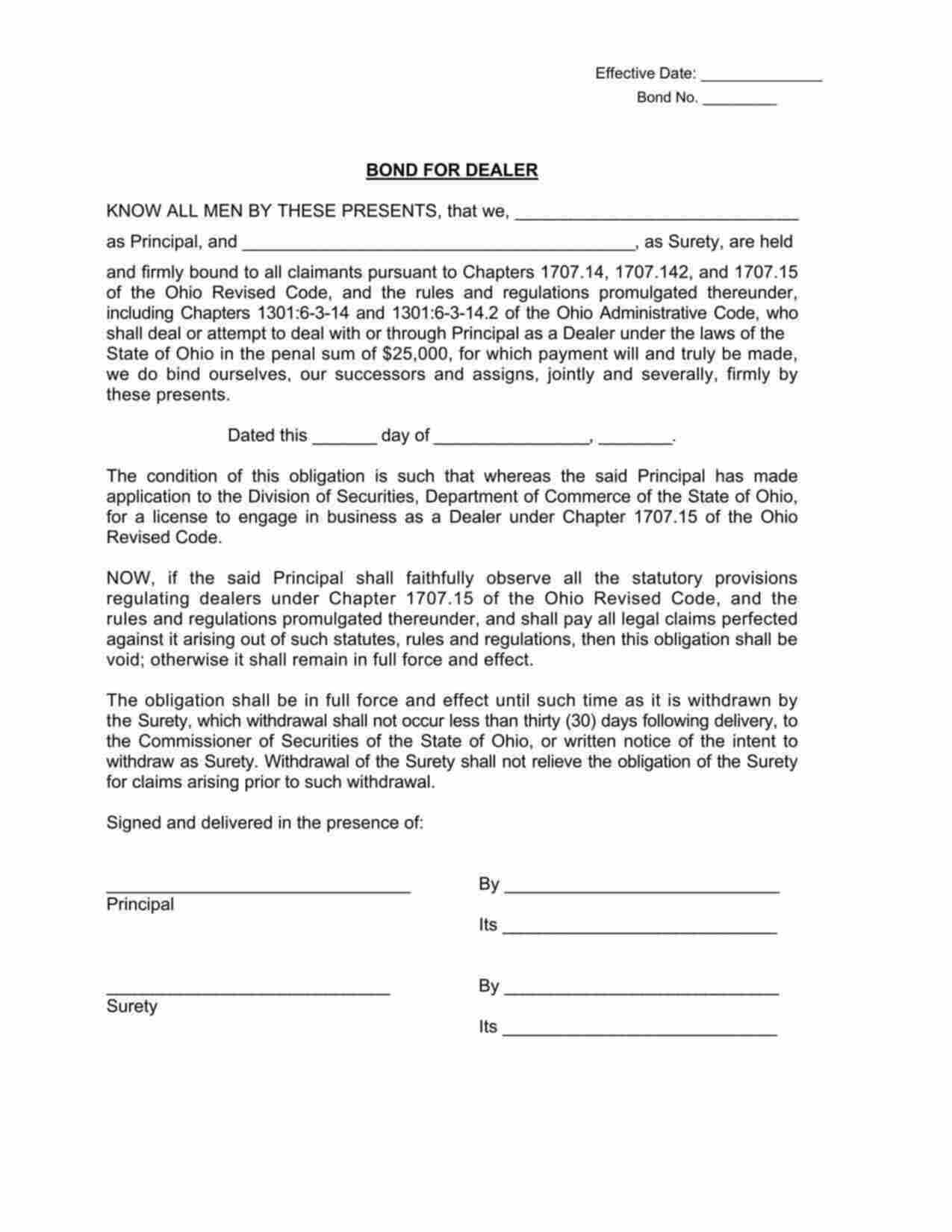 Ohio Securities Dealer Bond Form