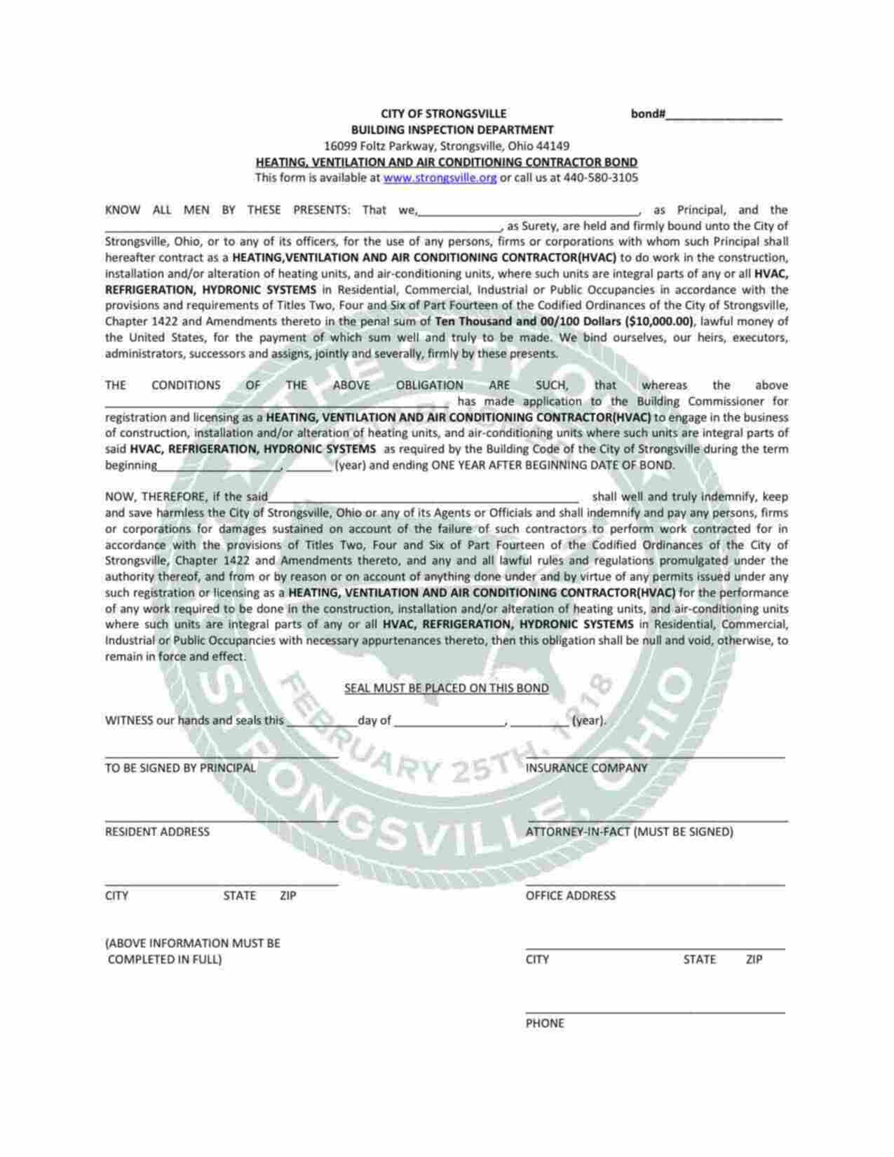 Ohio Heating, Ventilation and Air Conditioning (HVAC) Contractor Bond Form