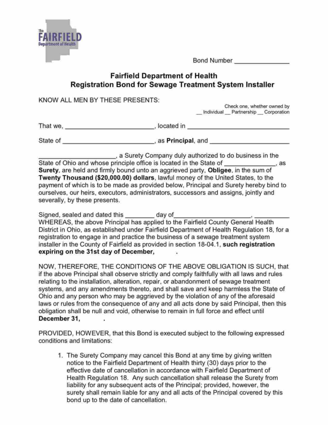 Ohio Sewage Treatment System Installer Bond Form