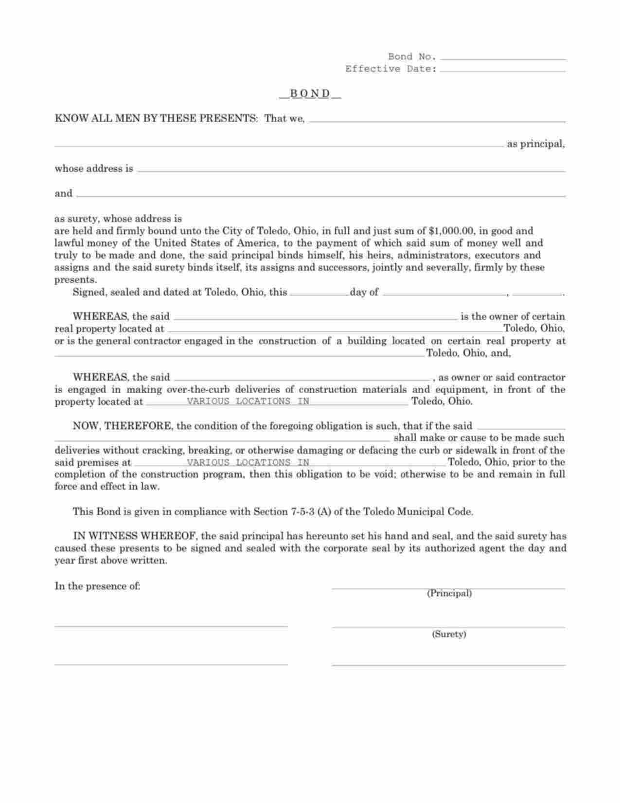 Ohio Over the Curb Delivery Bond Form