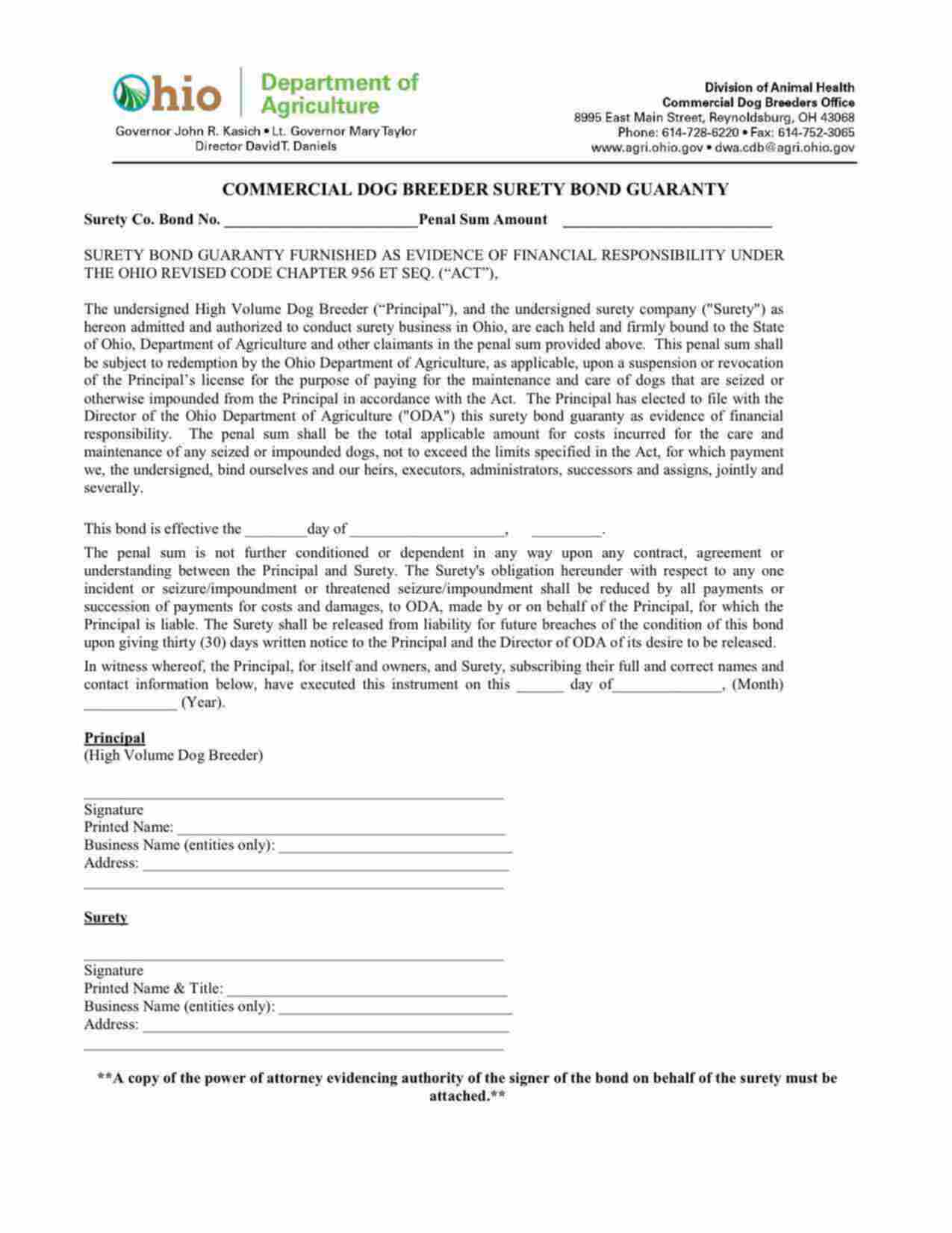 Ohio Commercial Dog Breeder Bond Form