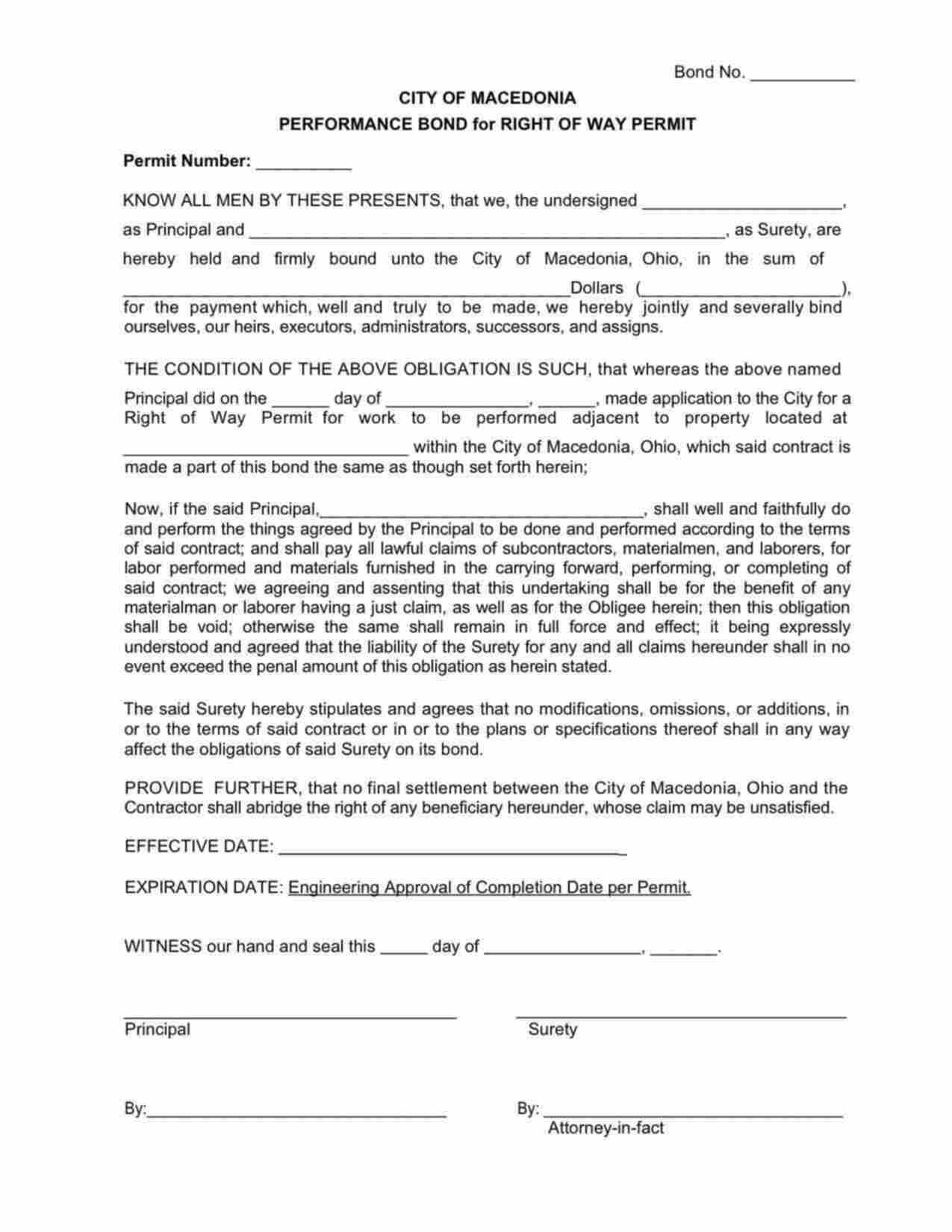 Ohio Right of Way Permit Performance Bond Form