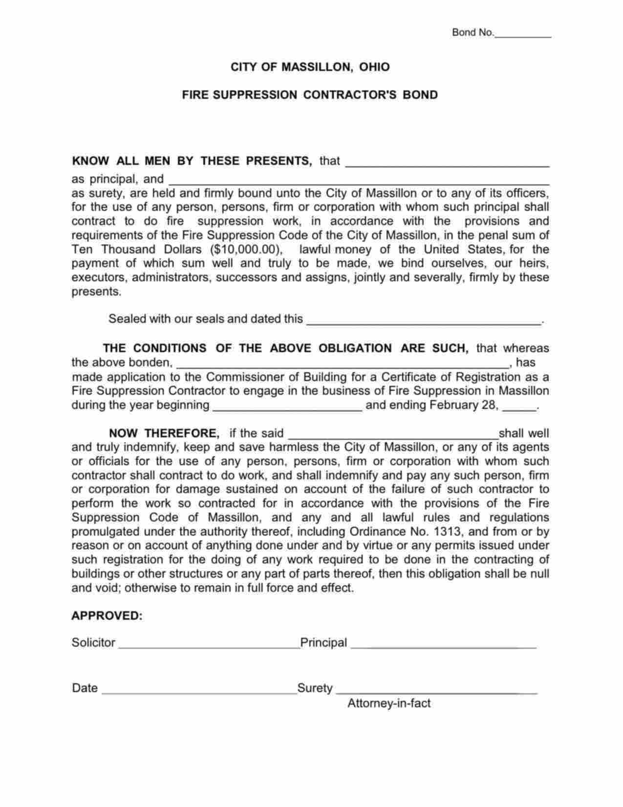 Ohio Fire Suppression Contractor Bond Form