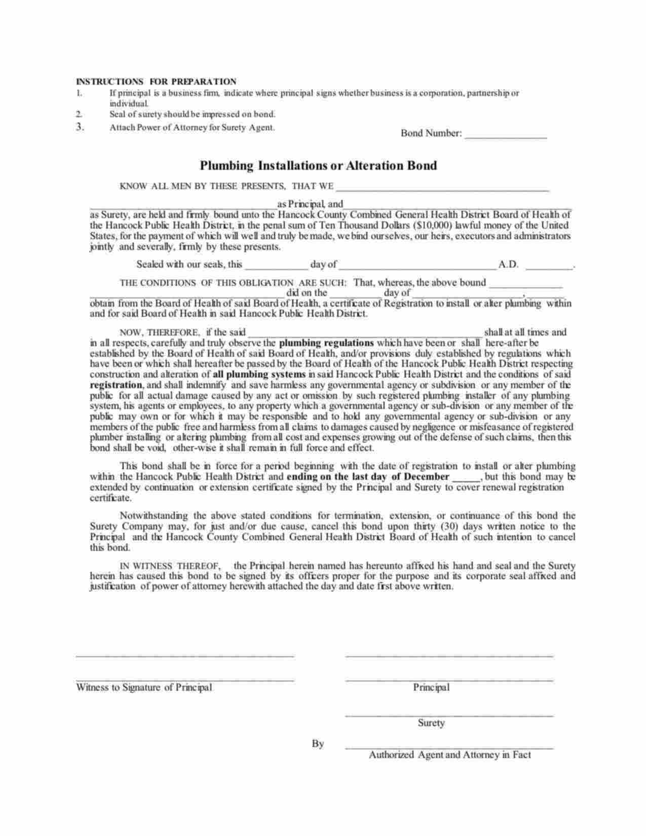 Ohio Plumbing Installations or Alteration Bond Form