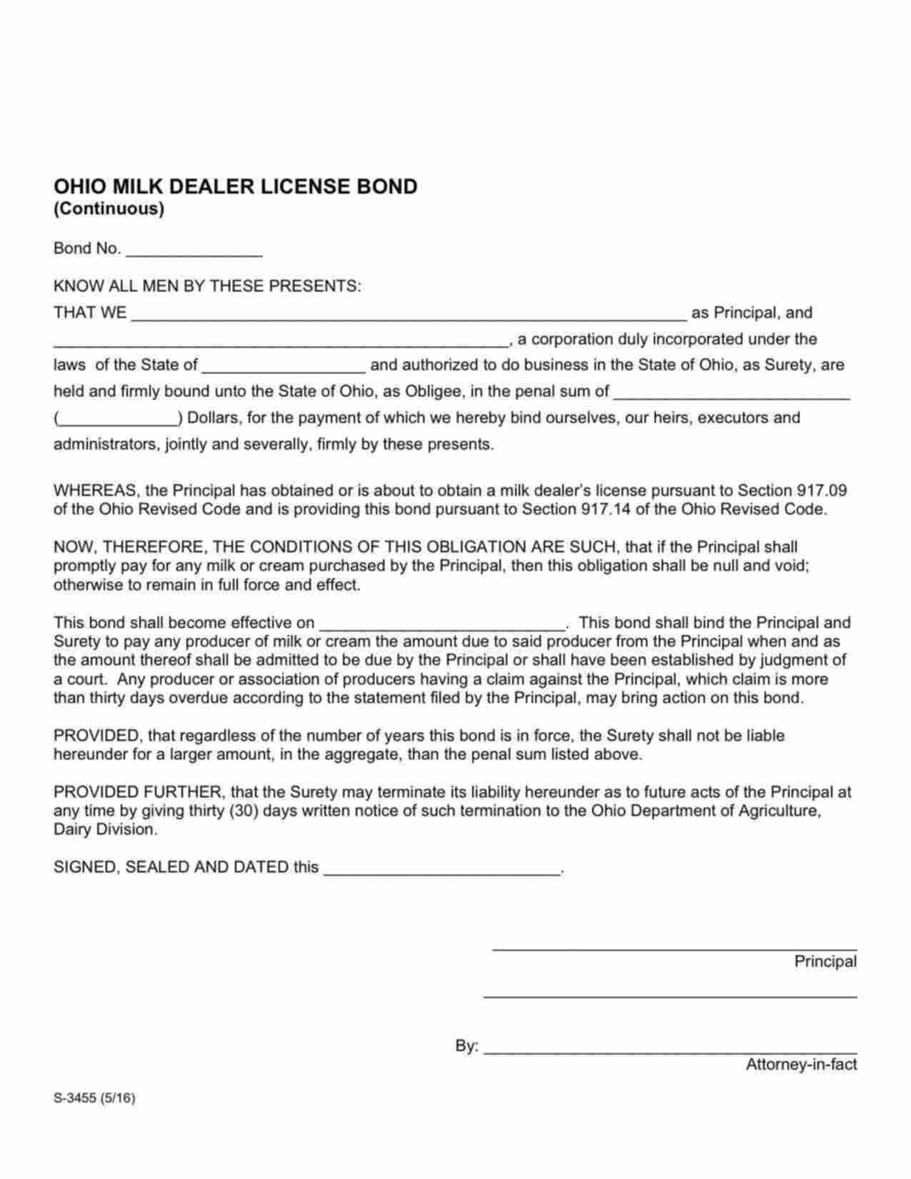 Ohio Milk Dealer Bond Form