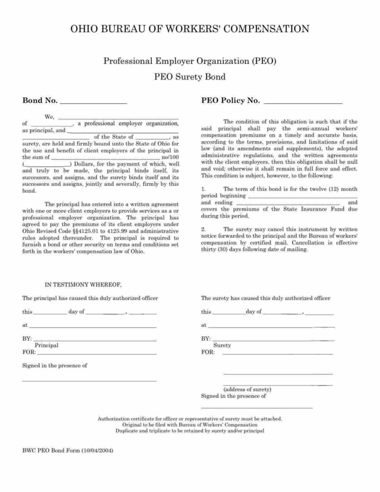 Ohio Professional Employer Organization Bond Form