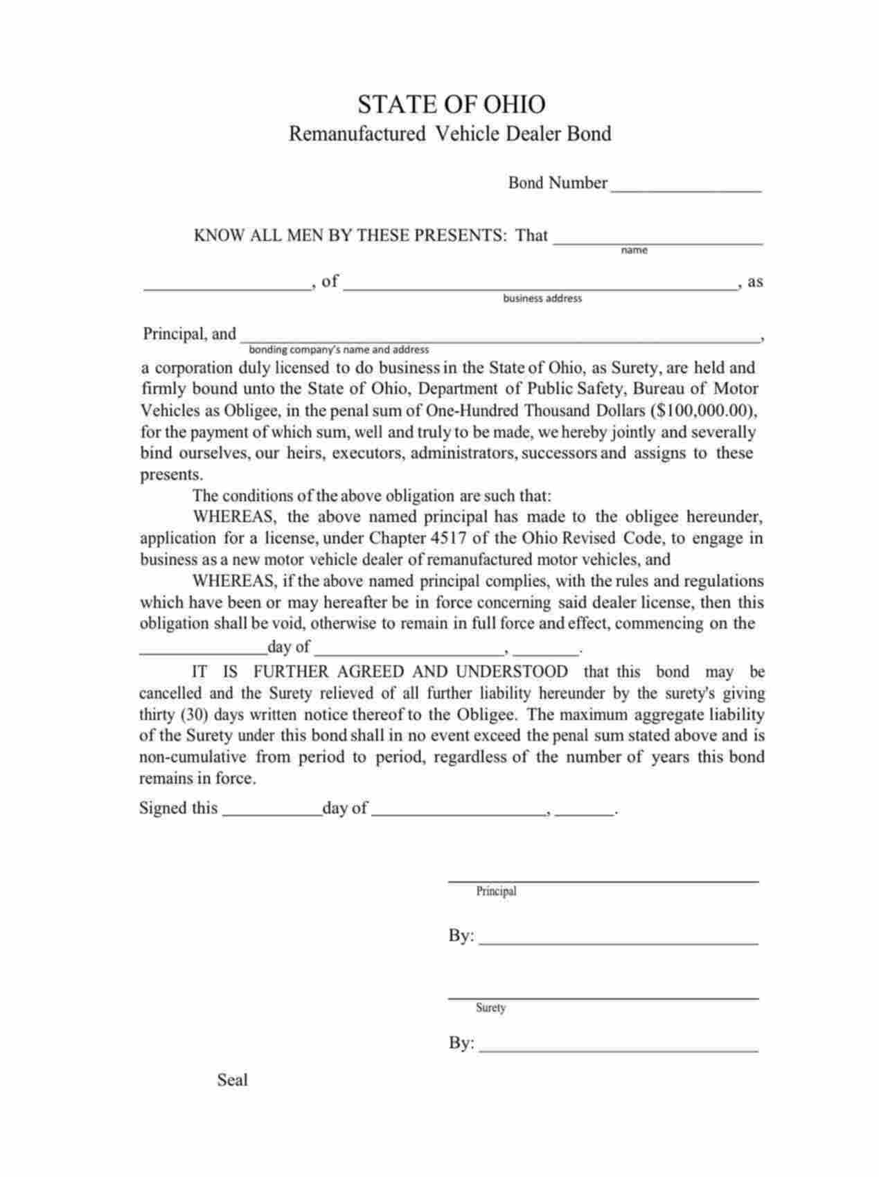 Ohio Remanufactured Vehicle Dealer Bond Form