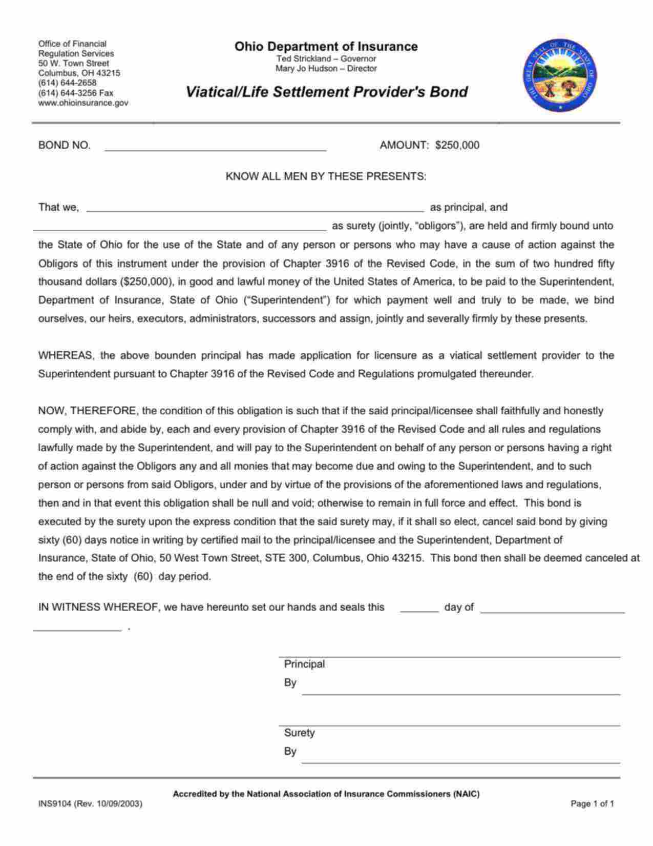 Ohio Viatical/Life Settlement Provider Bond Form