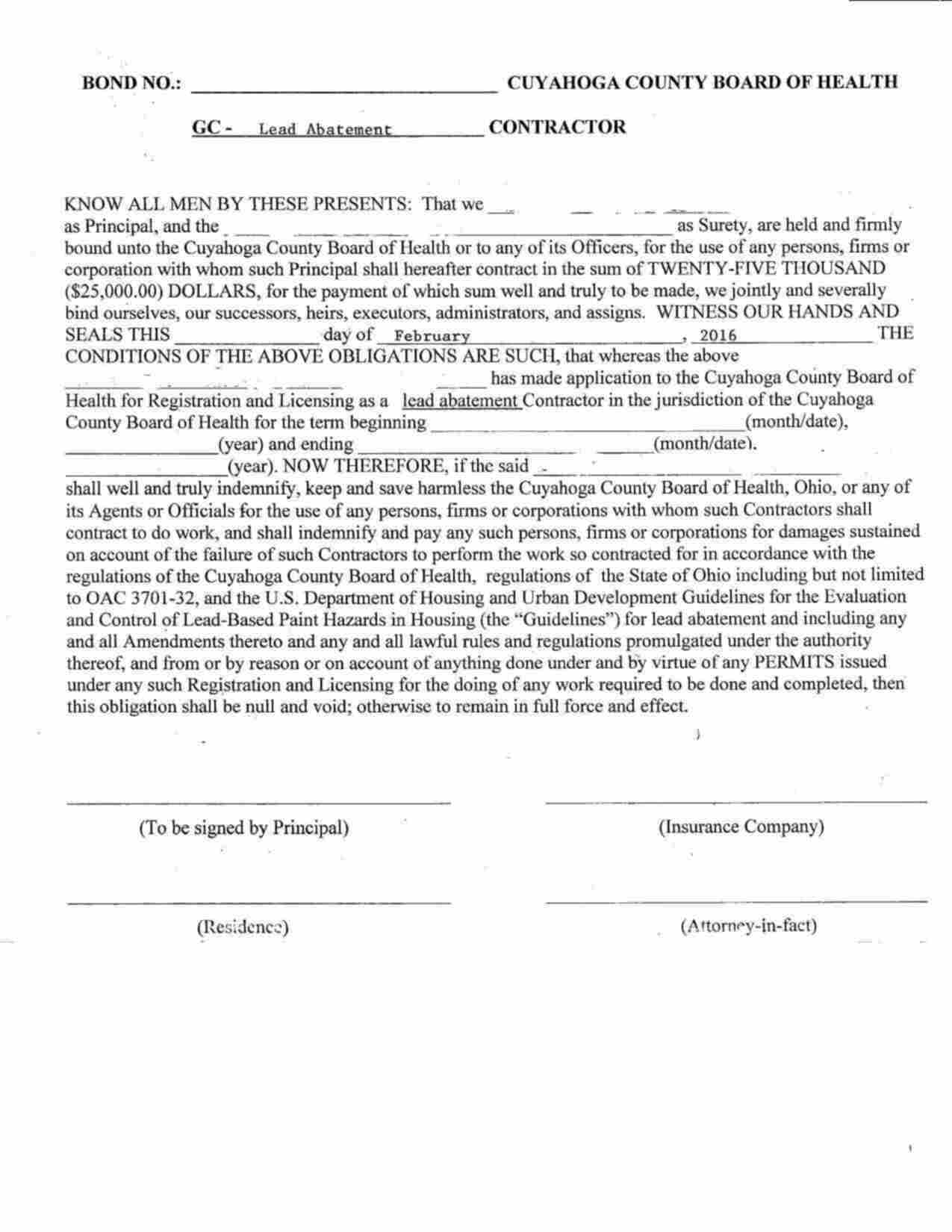 Ohio Lead Abatement Contractor Bond Form