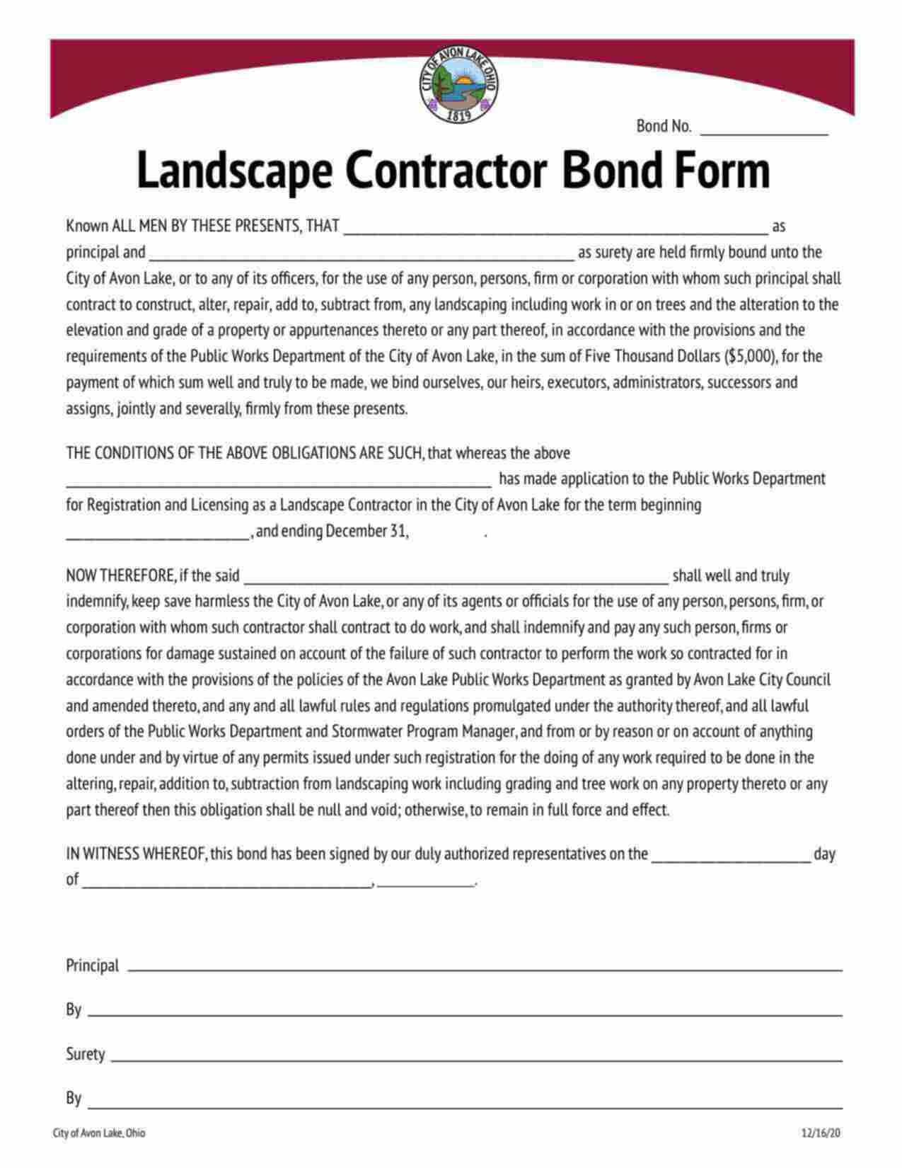 Ohio Landscape Contractor Bond Form