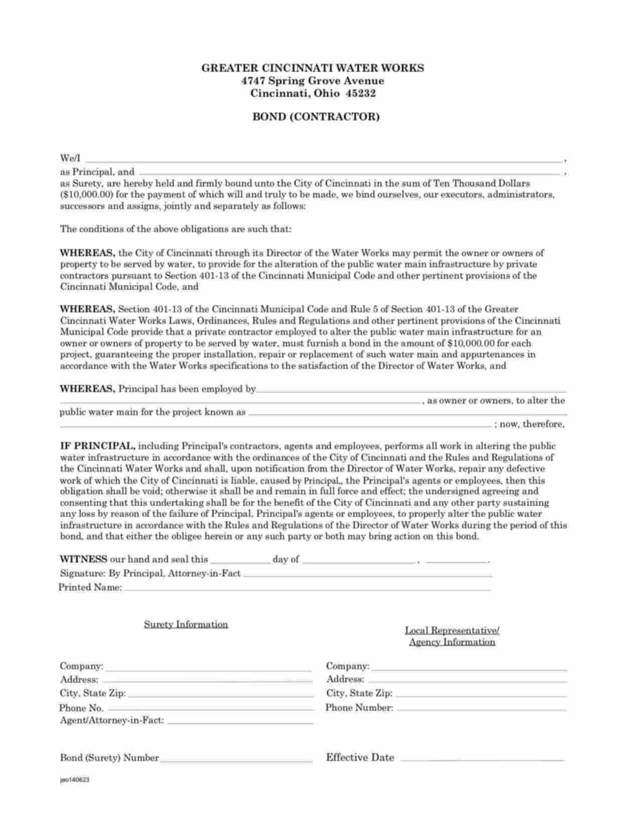 Ohio Contractor (Water Works) Bond Form